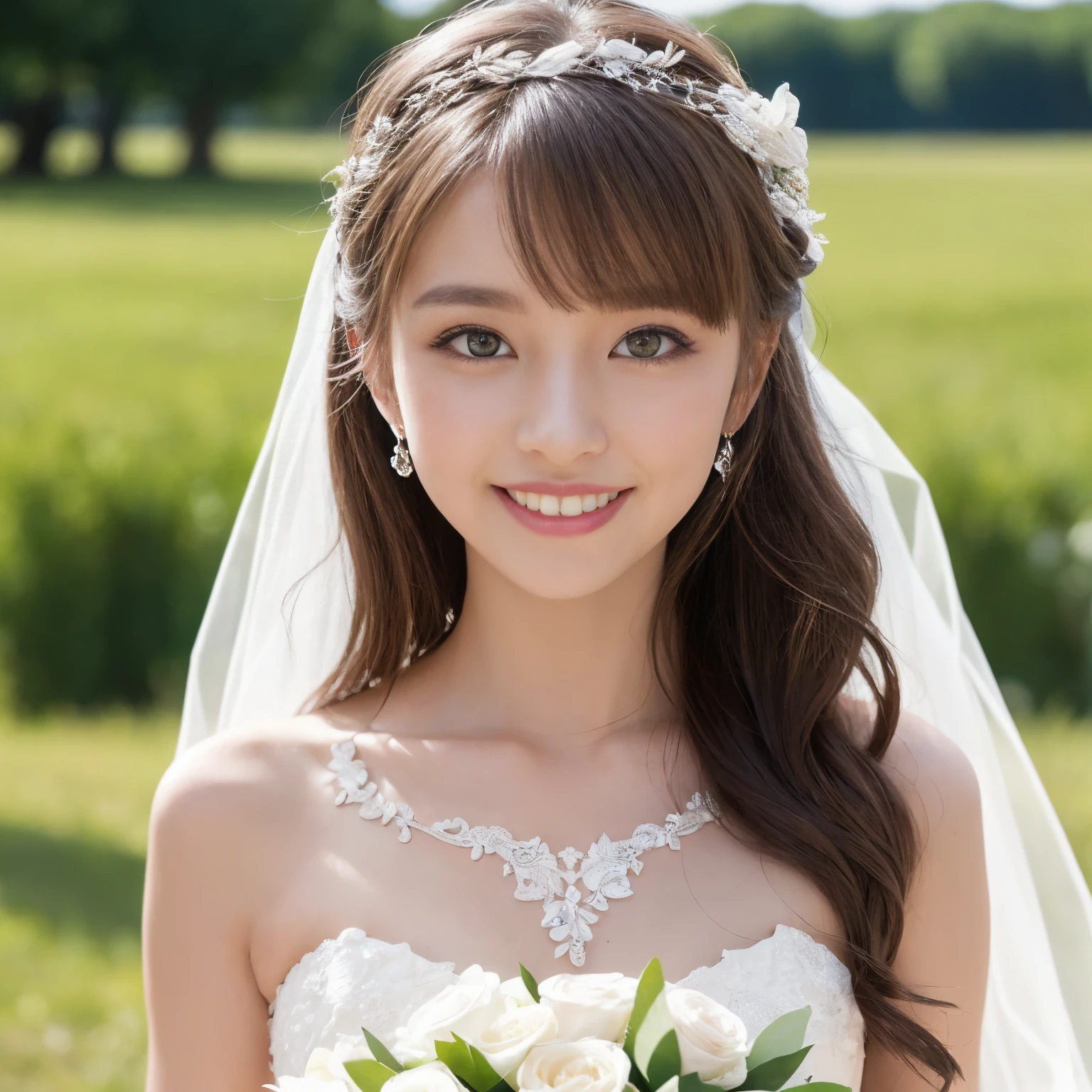 Photo-realistic quality、a woman in a Wedding dress holding a bouquet of flowers、Standing in front of the church、20 year old Japanese model、白のWedding dress,Hanae Mori style wedding dress、Japan idols at 20 years old、lace prom dresses、looking at the camera、Detailed and beautiful eyes、Cute smile、Relaxed and gentle expression、a close up of a woman in a Wedding dress holding a bouquet, Wedding dress, So magical and dreamy、Blur the background a lot、300ｍｍ F2.Shot with 8 lenses