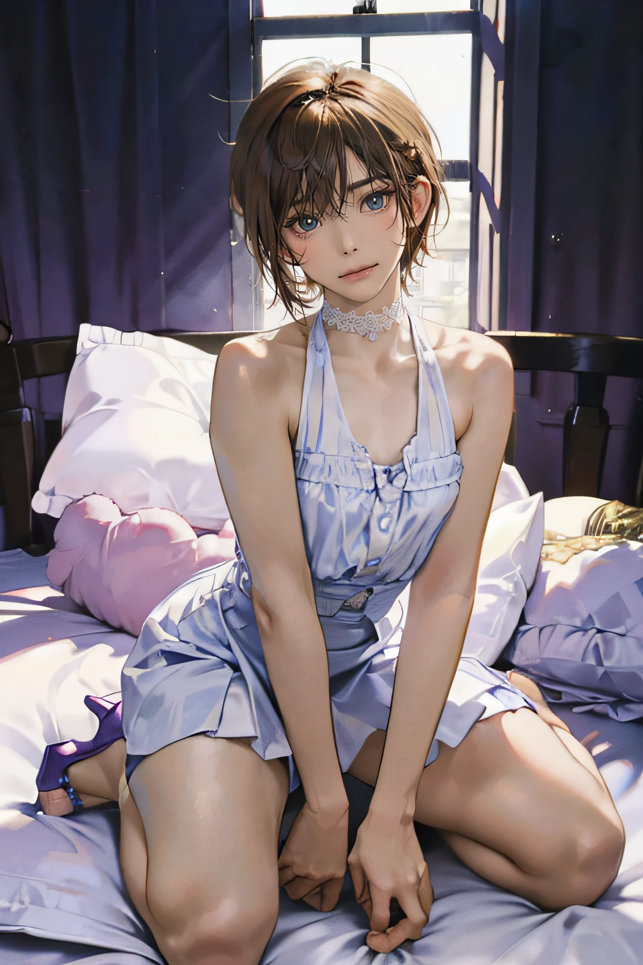 femboy, ((Masterpiece)), (Cute: 2.0), The face is extremely detailed, Enchanted expression, Strong gaze, Black Double French Braid, (Thin structure),Slightly round face, Tanned brown face, Healthy face, Big eyes, Thin thighs, (Small chest), confident pose, harsh, Almond-shaped eyes, rich palette,choker necklace,3D,open-toe high heels, goddess,open-toe high heels, goddess, Lean-yet-toned body/androgynous body aesthetic, spasm,otokonoko