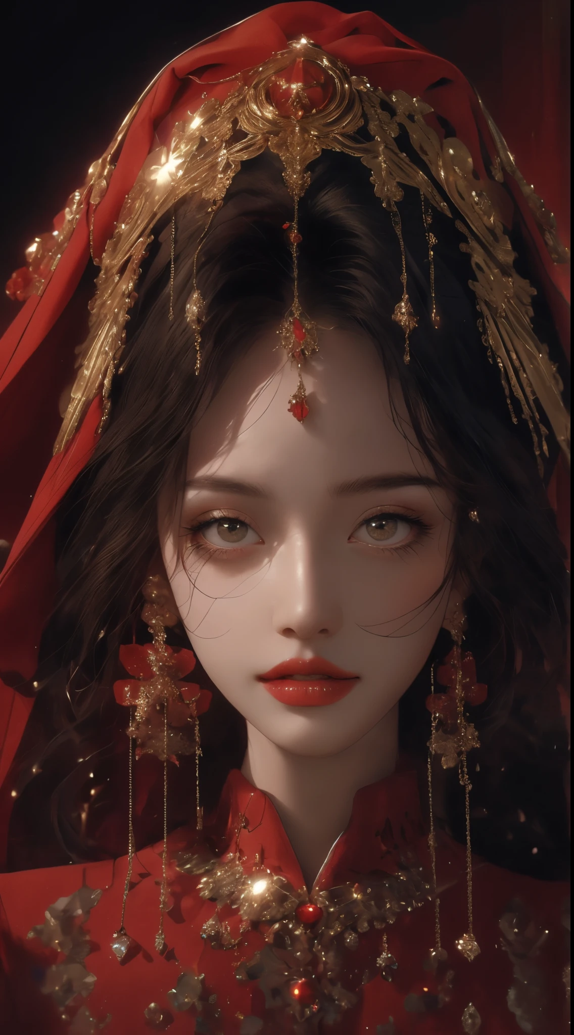 a close up of a woman wearing a Red jewel veil and a gold head piece, stunning digital illustration, 4k highly detailed digital art, beautiful digital artwork, arabian beauty, beautiful digital illustration, 8k stunning artwork, 8k high quality detailed art, intricate wlop, detailed beauty portrait, arabian princess, detailed beautiful portrait, beautiful art uhd 4 k