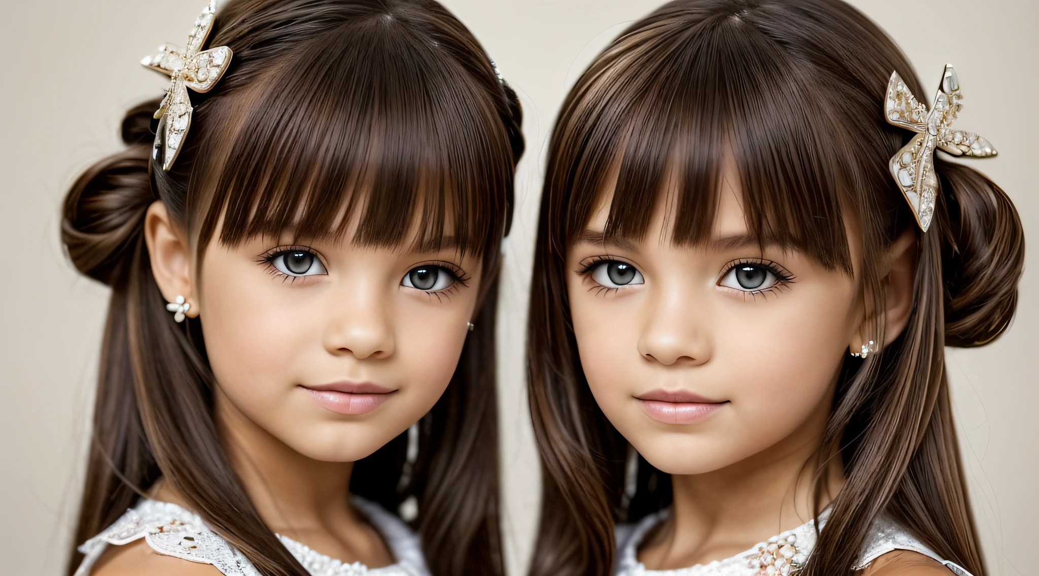 two girls with bows on their heads and one wearing a BLACK dress , beautiful gemini twins portrait, beautiful gemini twins, foto de retrato em close-up, childrens, meninas fofas, childrens, Looks doces, Beautiful girls, Gorgeous features, dois penteados pigtails, Retrato CloseUp, twins, Duas meninas, garotada, lindo bonito, faixa de cabelo AMARELO, AND CROSSES