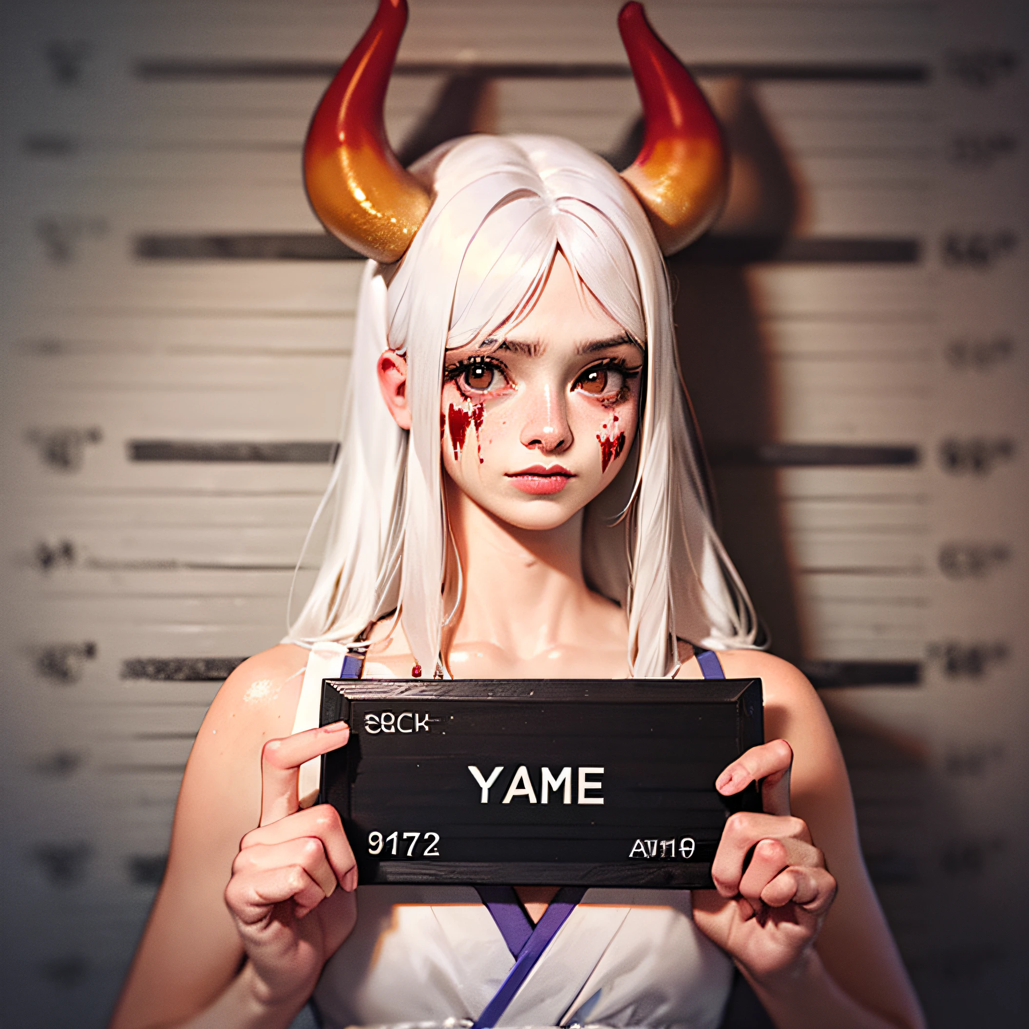 corpse, sinister, female, thin, pale, looking at the camera, ultra realistic, fully detailed, cemetery environment, bright eyes, white dress torn and stained with blood, bones exposed, putrid wounds, sensual, terrifying, bruised by the body, exposed fracture in the collarbone, slight smile, super detailed, white eyes,gun shots in the body, black hair, yamato, mugshot, red horns, white hair,