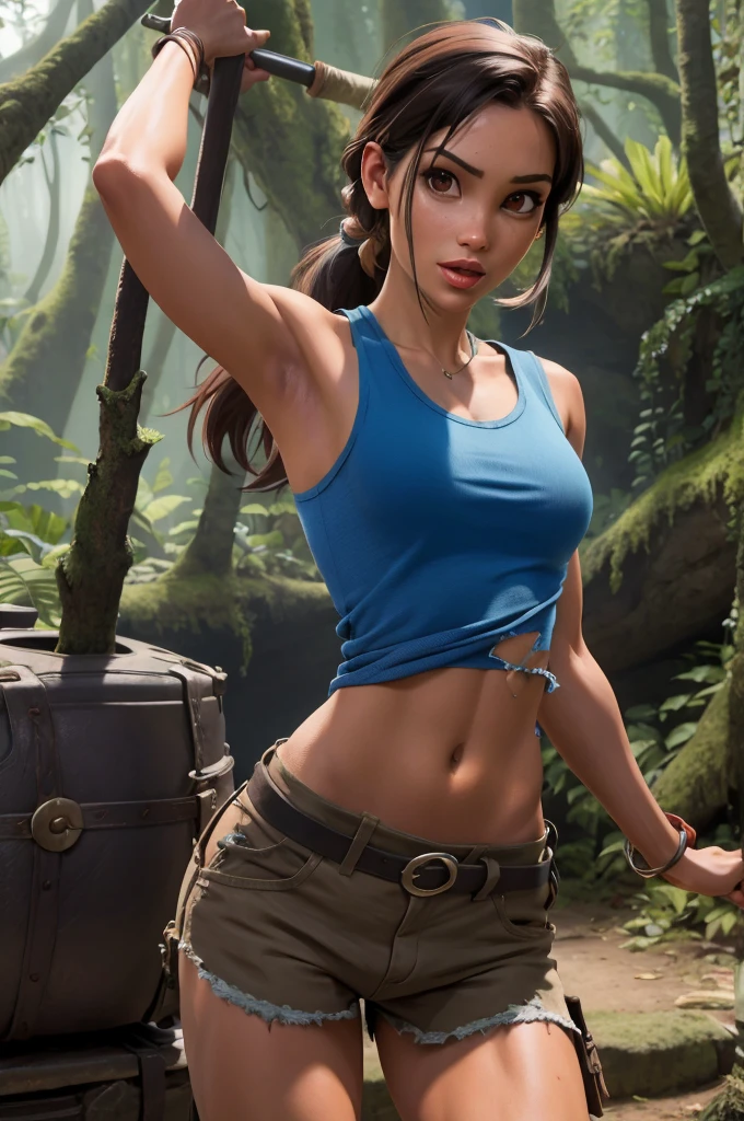 Lara Croft Tomb Raider, blue tank top, torn, sexy, Deusa da sensualidade, Corpo perfeito, Seios empinados e perfeitos, Beleza angelical, Corpo com curvas, pose sensual, Corpo inteiro, Scenery and an Enchanted Forest, Hiper realista, Cores Fortes e vibrantes, 1girl, solo, one girl