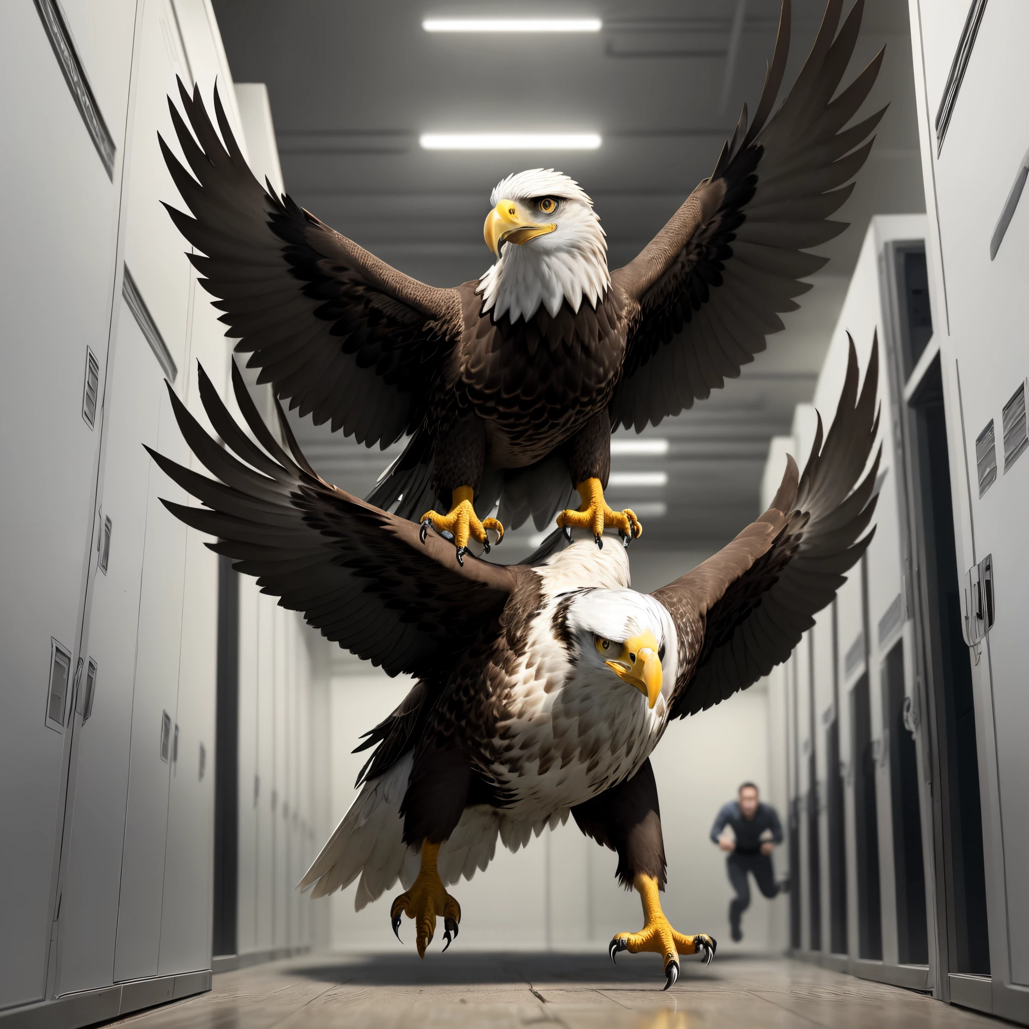 The eagle is flying over a server room, its eyes fixed on a group of men who are trying to break into the system. The men are armed with guns, but the eagle is not afraid. It spreads its wings and dives towards the men, its talons extended.

The men try to shoot the eagle, but it is too fast. It dodges the bullets and grabs one of the men by the legs, lifting him into the air. The man screams in pain, and the eagle throws him to the ground.

The other men are shocked by the eagle's attack. They try to run, but the eagle is ready for them. It attacks one by one, knocking them all down.

The eagle finally backs away from the men, who are unconscious on the ground. It flies back to the servers, where it protects them with its talons.

The image is a metaphor for data security. The robot eagle represents the technology that protects data from intruders. The server room represents the data itself, which is valuable and needs to be protected.

The image is also a celebration of nature. The eagle is a powerful and majestic animal, and its presence in the server room is a reminder of the beauty of nature, even in a technological environment.