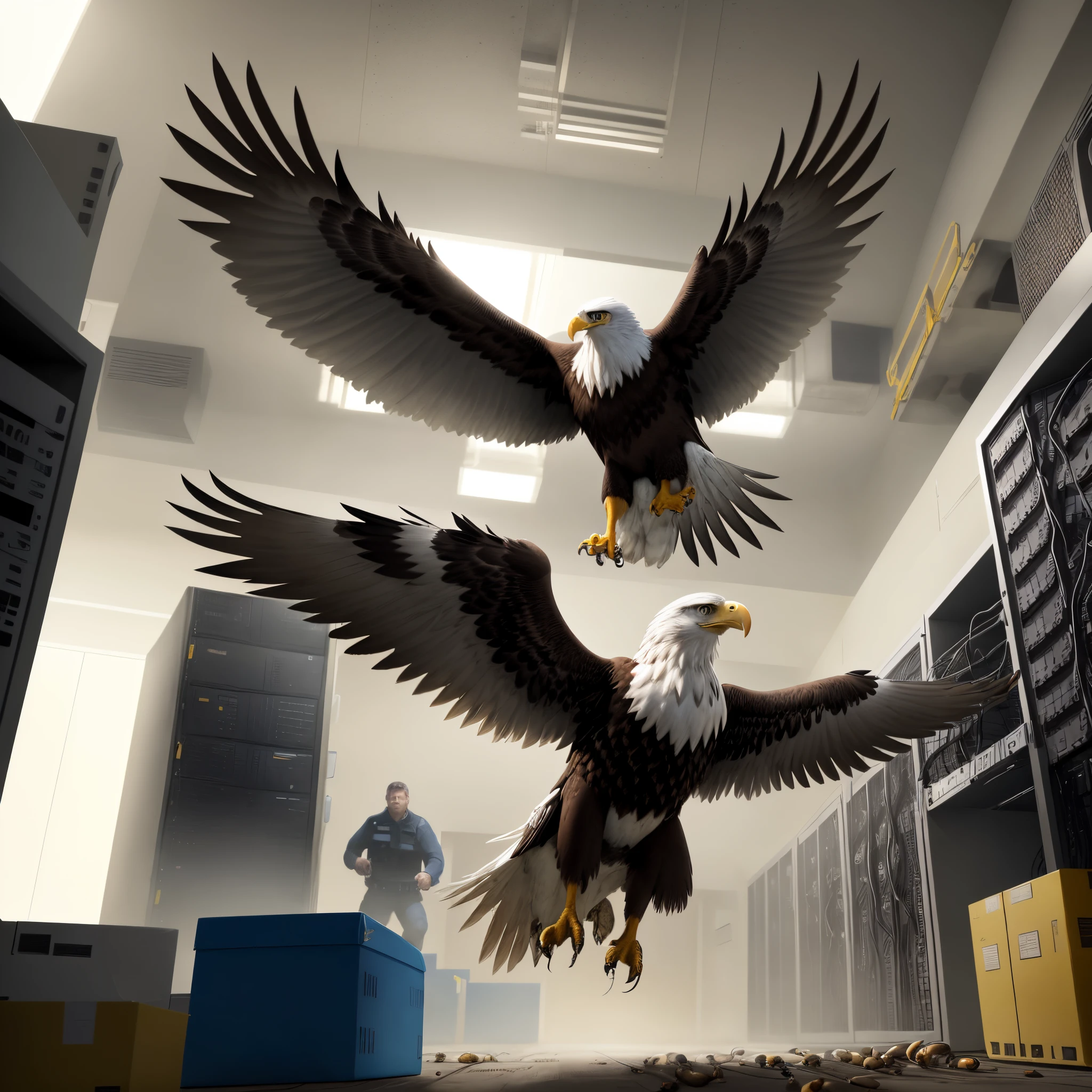 The eagle is flying over a server room, its eyes fixed on a group of men who are trying to break into the system. The men are armed with guns, but the eagle is not afraid. It spreads its wings and dives towards the men, its talons extended.
The men try to shoot the eagle, but it is too fast. It dodges the bullets and grabs one of the men by the legs, lifting him into the air. The man screams in pain, and the eagle throws him to the ground.
The other men are shocked by the eagle's attack. They try to run, but the eagle is ready for them. It attacks one by one, knocking them all down.
The eagle finally backs away from the men, who are unconscious on the ground. It flies back to the servers, where it protects them with its talons.
The image is a metaphor for data security. The robot eagle represents the technology that protects data from intruders. The server room represents the data itself, which is valuable and needs to be protected.
The image is also a celebration of nature. The eagle is a powerful and majestic animal, and its presence in the server room is a reminder of the beauty of nature, even in a technological environment.
