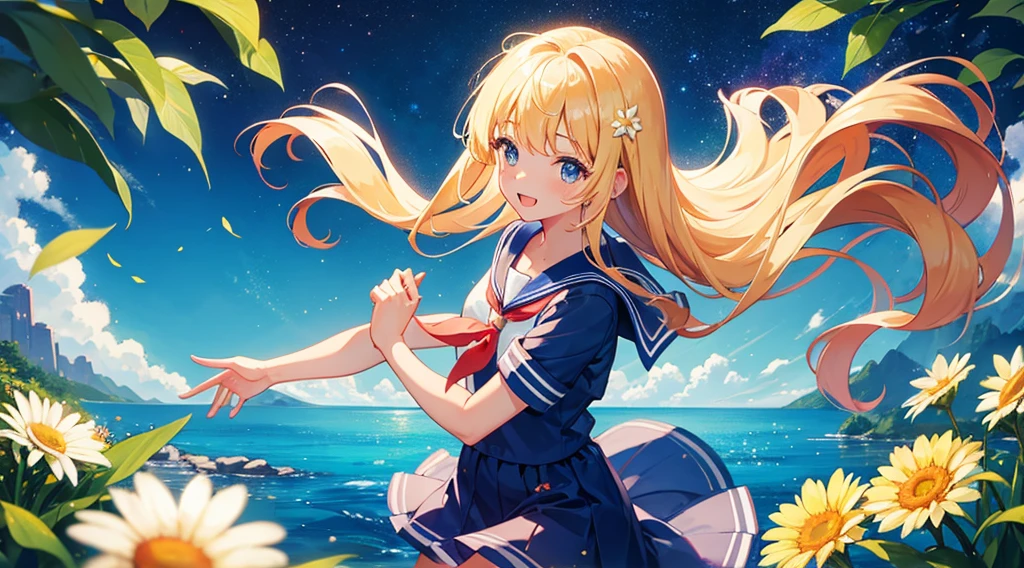 1 girl, sailor suit, blond hair, starry sky, flower garden, stream, clear water, summer