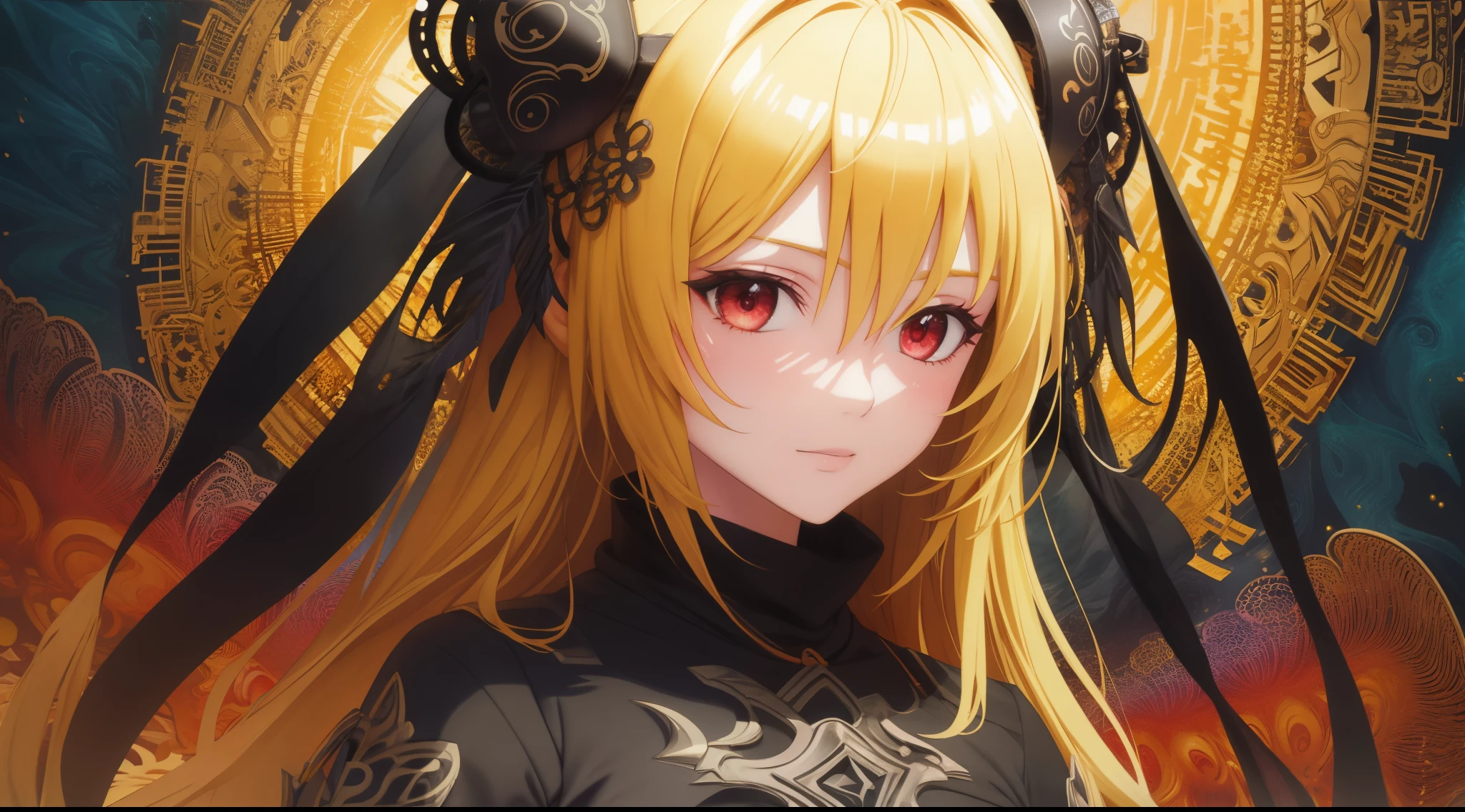 Yami the Golden Darkness, Long yellow hair, intricate black dress, cute red eyes, (masterpiece, top quality, best quality, official art, beautiful and aesthetic:1.2), (1girl), extreme detailed,(fractal art:1.3),colorful,highest detailed