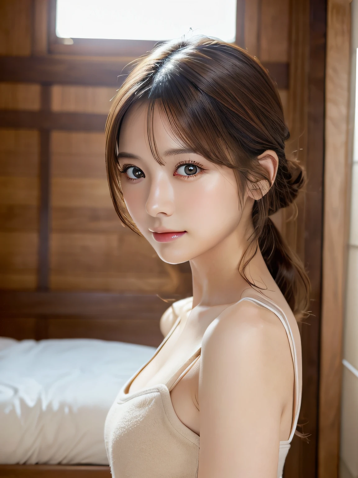 masterpiece、1 beautiful girl、detailed brown eyes、Puffy eyes、top-quality, 超A high resolution, (Realisticity: 1.4), cinematlic lighting、(japanes)、Asian Beauty、Super beauty、age19、Beautiful skin、A slender、Look at viewers、(A hyper-realistic)、(hight resolution)、(8K)、(ighly detailed)、(beautifully detailed eyes)、(ultra-detailliert)、 (wall-paper)、A detailed face、Bright lighting、profetional lighting、light brown hair、top-quality、masterpiece、超A high resolution、natural soft light、Shoulder out、slender、a bed:1.5、naked towel、
towel