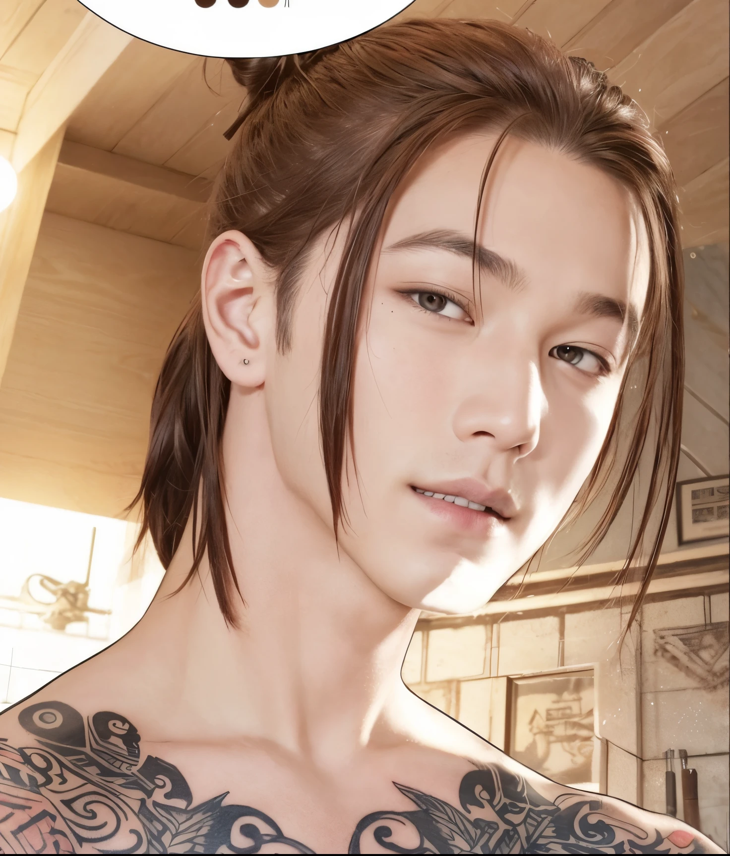 image of a man with a tattoo on his chest, Handsome guy, Rogue grin, Lipstick mark on neck, illustration of a man with tattoos and bun hairstyle. The dominant colors in the look are shades of brown with accent color 935E38... extra high resolution.photo-realistic:1.4,UHD
