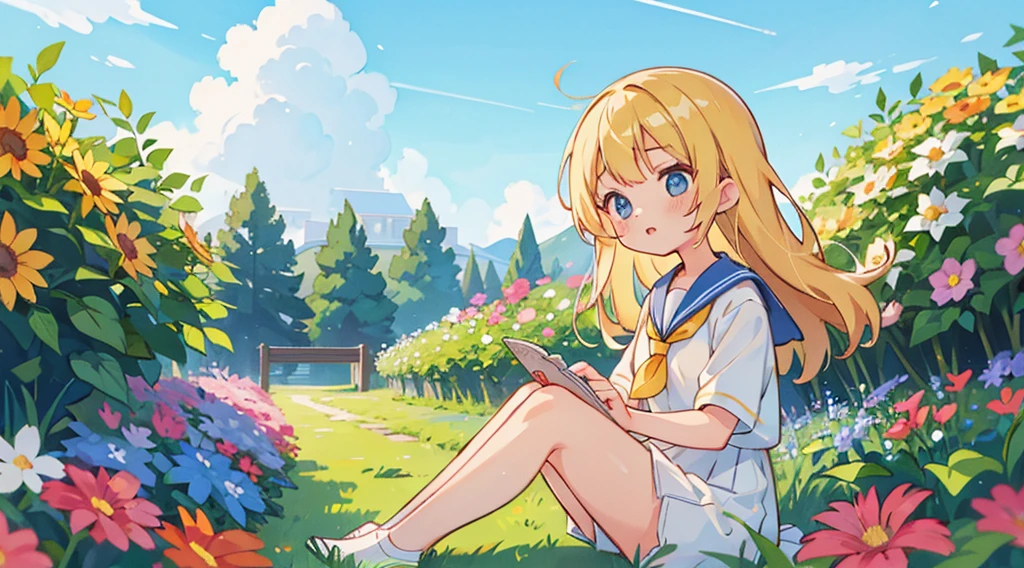 1 girl, sailor suit, blond hair, flower garden, summer sky