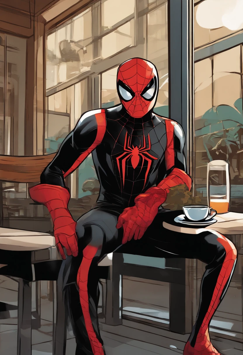 An image of Miles sitting at a local cafe, sipping on a cup of hot chocolate.,Marvel Comics,Miles Morales, the dynamic character from the “Spider-Man” universe, is a young, black athletic teenager with a lean build, often seen in his distinctive black Spider-Man suit with red webbing and unique graffiti-style designs. He has a youthful, energetic face, often expressing a wide range of emotions from awe to determination, reflective of his age and the enormity of his responsibilities.