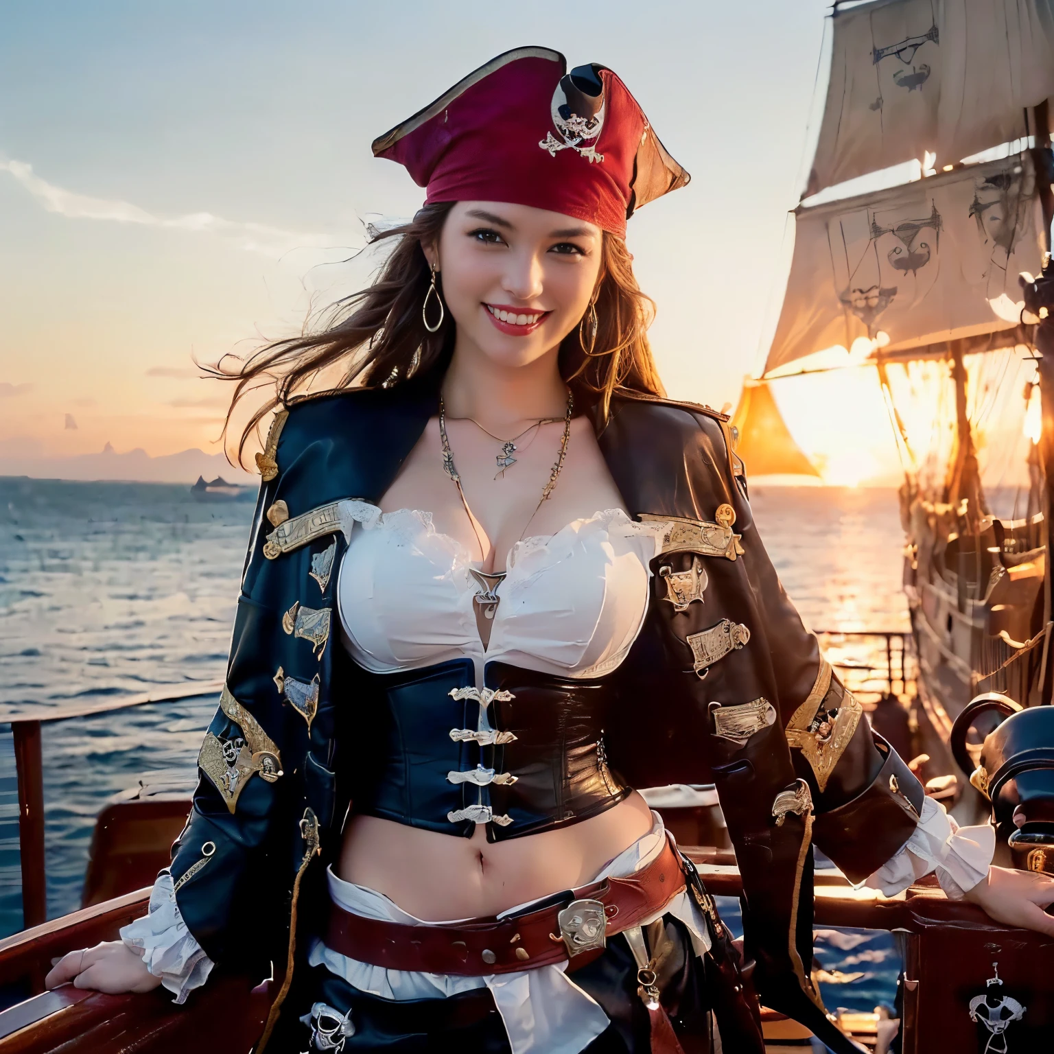 (top-quality、masutepiece、8K、Top image quality、SFW)、one female pirate、female pirate captain、(Charming medieval european pirate costume:1.3)、(A very intricate classic pirate costume:1.5)、(Detailed depiction of numerous accessories:1.3)、(Complex necklaces、complex badges、Leather belt and delicate accessories:1.5)、(Detailing the structure of the perfect pirate ship:1.5)、(Complex and realistic interior of a pirate ship:1.5)、(Deck background with big sails、There is a large sail on the deck of the ship.、Detailed depiction of complex ship deck backgrounds、Perfect feeling of being on a pirate ship:1.7)、(Perfectly reproduces the classical atmosphere:1.5)、(intricate corset、giant cloak、the most dignified pirate captain'complex costume:1.5)、(Classic and majestic pirate captain costume:1.5)、(she is in the center of the pirate ship、She is on the center deck of the pirate ship.:1.5)、(spectacular movie lighting、Brilliant sunset、spectacular beautiful sunset、Sunset Sea、Big sunset:1.3)、(Depiction of the film、Classic and intricate depiction of a pirate ship:1.3)、(View me、Brown hair、Very Longhair、A slight smil、beautiful smiling face、photo of her from the waist up:1.5)