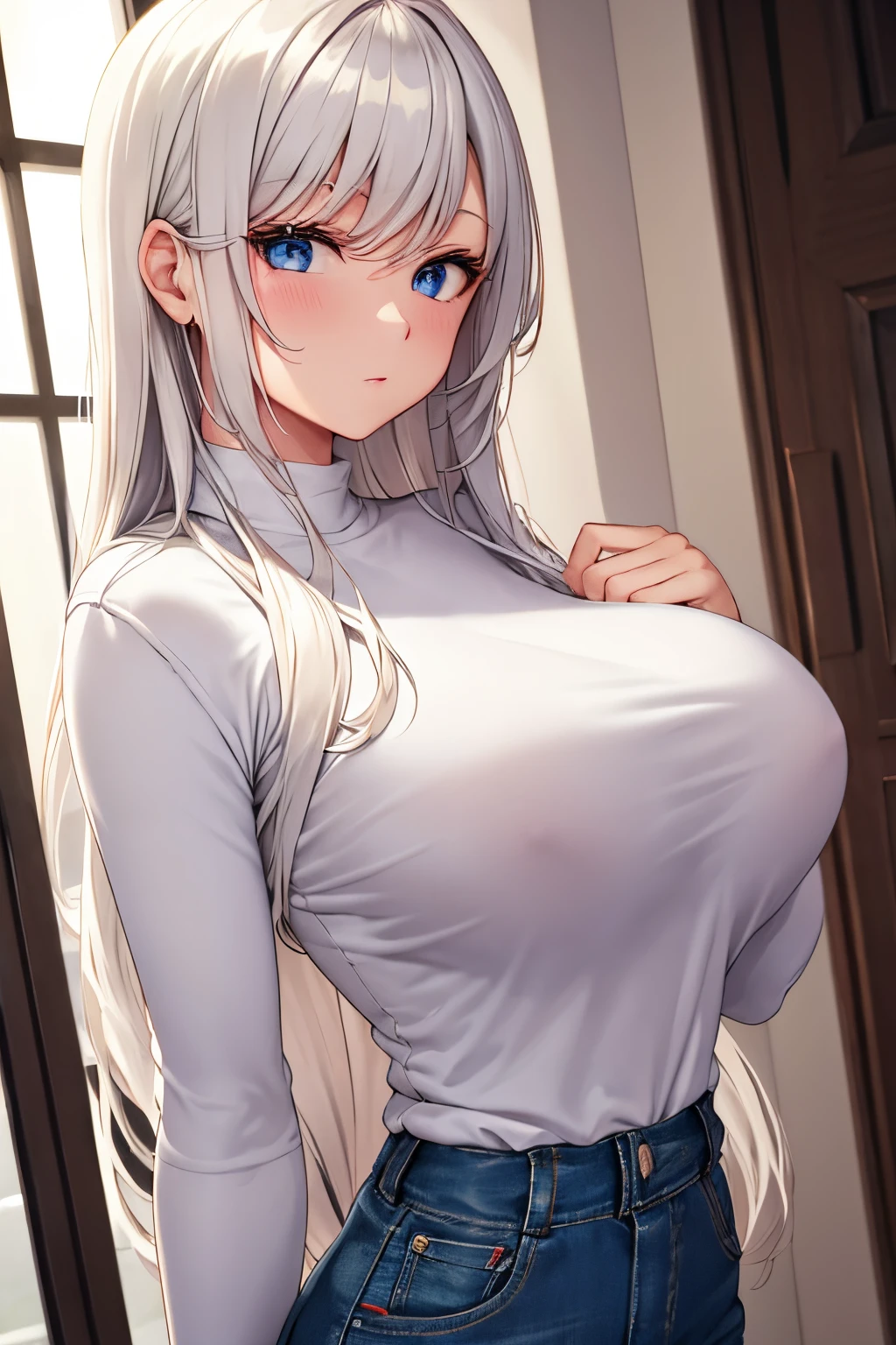 White hair, white eyelashes, plain white long-sleeved clothes, jeans, beautiful girl, big breasts, sexy,