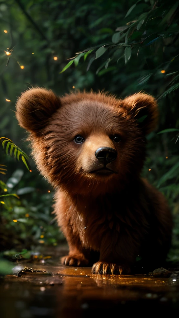 真实感, Realism, brown bear cub, tmasterpiece, Brad Jongsan walks in the jungle (Night of the Fireflies), (higly detailed: 1 1), rough face, natural skin, hiquality, NSFW, pretty eyes, (Detailed face and eyes), (s face: 1 2), tumult, Complementary, real-photo, ...PSD, Lightweight Film Photography, sharp-focus, contrast lighting, Detail Skin, high resolution 8k, Crazy detailing, Realistic, professional photo of a, 8K UHD, dslr, soft light,  hiquality, film grains, Fujifilm XT3