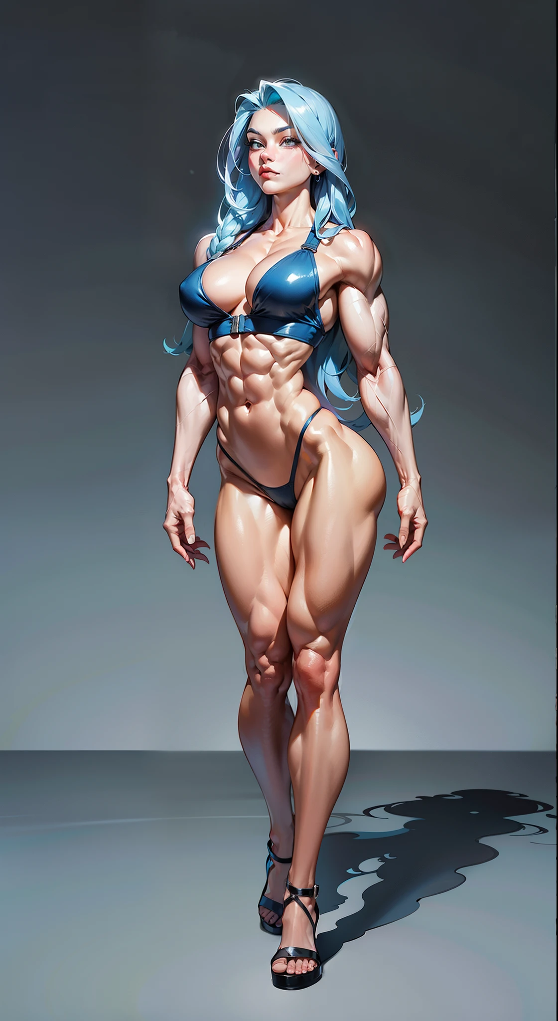 Caricature of a woman with blue hair close up, Muscular girl, bodybuilder superhero bikini, Femininity and muscularity, muscular character, Strong posture, Cutesexyrobutts, thicc, muscular hips, large muscles, very extremely beautiful. big muscles, character is in her natural pose, Thick body, muscular!! Sci-Fi, muscled body, The strongest pose