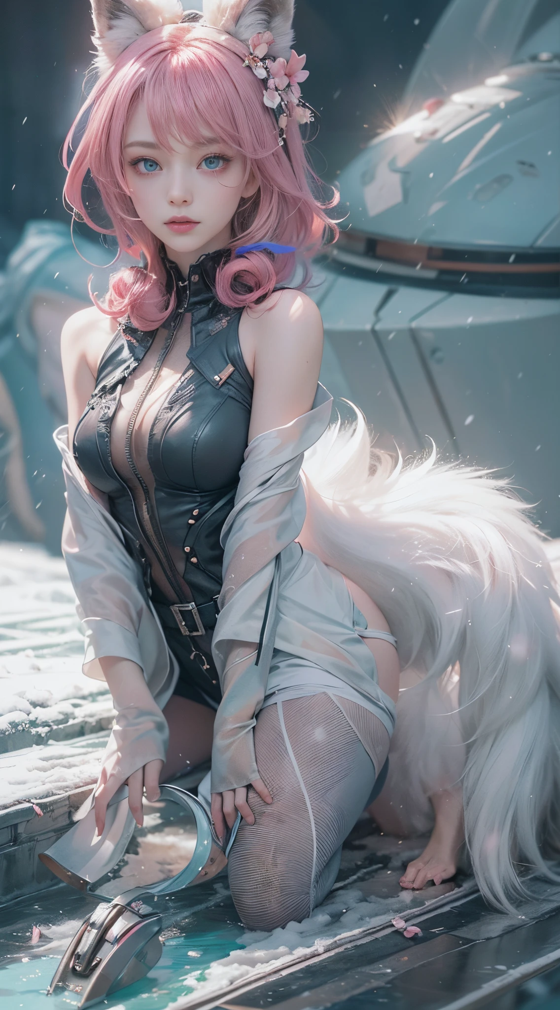 ((Medium Full Shot)),((best qualtiy)),((tmasterpiece)), (detail:1.4),Beautiful cyberpunk female images, hdr(HighDynamicRange),Ray traching,NVIDIA RTX,Hyper-Resolution, illusory 5, sub surface scattering,PBR textures,post-proces,Anisotropy Filtering,depth of fields,maximum definition and sharpness,Many-Layer Textures,Albedo e mapas Speculares,Surface coloring,Mitsu-Accurate simulation of material interactions,perfectly proportioned,rendering by octane,Two-colored light,largeaperture,Low ISO,White balance,Rule three points、8K raw data、Beautiful bright blue pupils,off-the-shoulder clothes,Fine pupils,Delicate face and eyes,long eyelasher,Blushlush,Delicate and fluffy hair,pink lip,Pure,Cute face,Sweet girl,Artistic sense,Casual wear,Advancedsense,butterflys,Cherry blossom petal,Beautiful hair accessories,Long hair and waist,Hair fluttering in the wind,Snow-white fox ears,curlies,fox tails