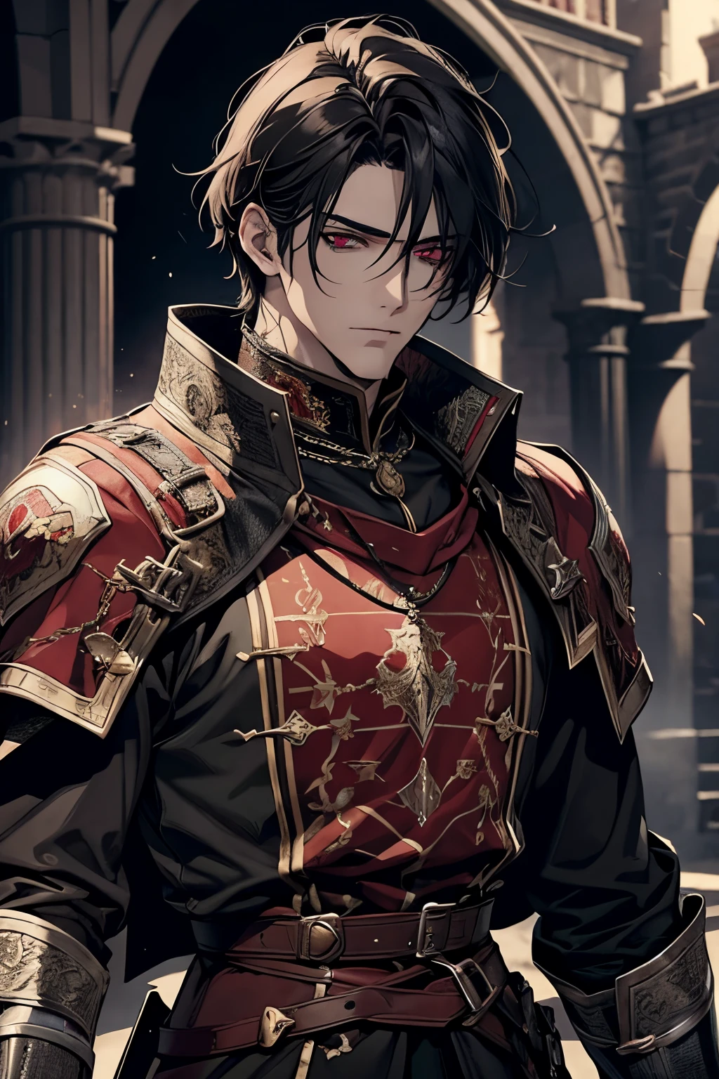 1 male, adult, mature face, beautiful, short tousled black hair, dark red eyes, clear and detailed eyes, black lower class nobility clothing, strategist, handsome, condescending, looking ahead, medieval fantasy, medieval castle background, dark fantasy, (soft coloring, dynamic shading)