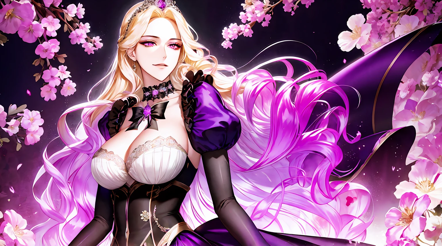 corrupta, ((shoujo-style, floral background, romance manhwa)), 1girl, blonde hair, solo, long hair, flower, dress, tiara, white dress, gloves, long sleeves, thick eyeblows, purple eyes, white gloves, purple bow, purple flower, wavy hair, standing, bow, jewelry, looking at viewer, oiled skin, shiny skin, reflective skin, steaming body, evil smile, collarbone, puffy sleeves, skirt lift, upper body, parted bangs, very long hair, purple dress, frills, bangs, cowboy shot, big breast, cleavage, dark persona, corruption