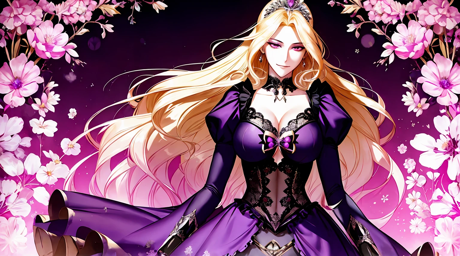 corrupta, ((shoujo-style, floral background, romance manhwa)), 1girl, blonde hair, solo, long hair, flower, dress, tiara, white dress, gloves, long sleeves, thick eyeblows, purple eyes, white gloves, purple bow, purple flower, wavy hair, standing, bow, jewelry, looking at viewer, oiled skin, shiny skin, reflective skin, steaming body, evil smile, collarbone, puffy sleeves, skirt lift, upper body, parted bangs, very long hair, purple dress, frills, bangs, cowboy shot, big breast, cleavage, dark persona, corruption