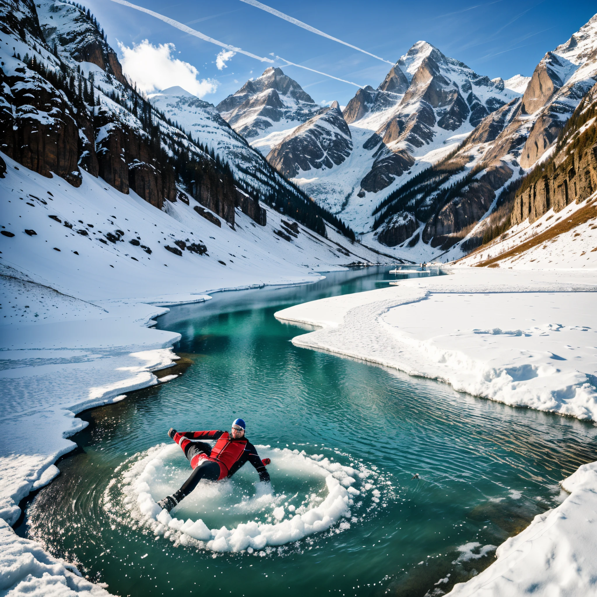 realistic photo of a man ice swimming in a mountain lake, with a view of snow-capped mountains behind him --auto --s2