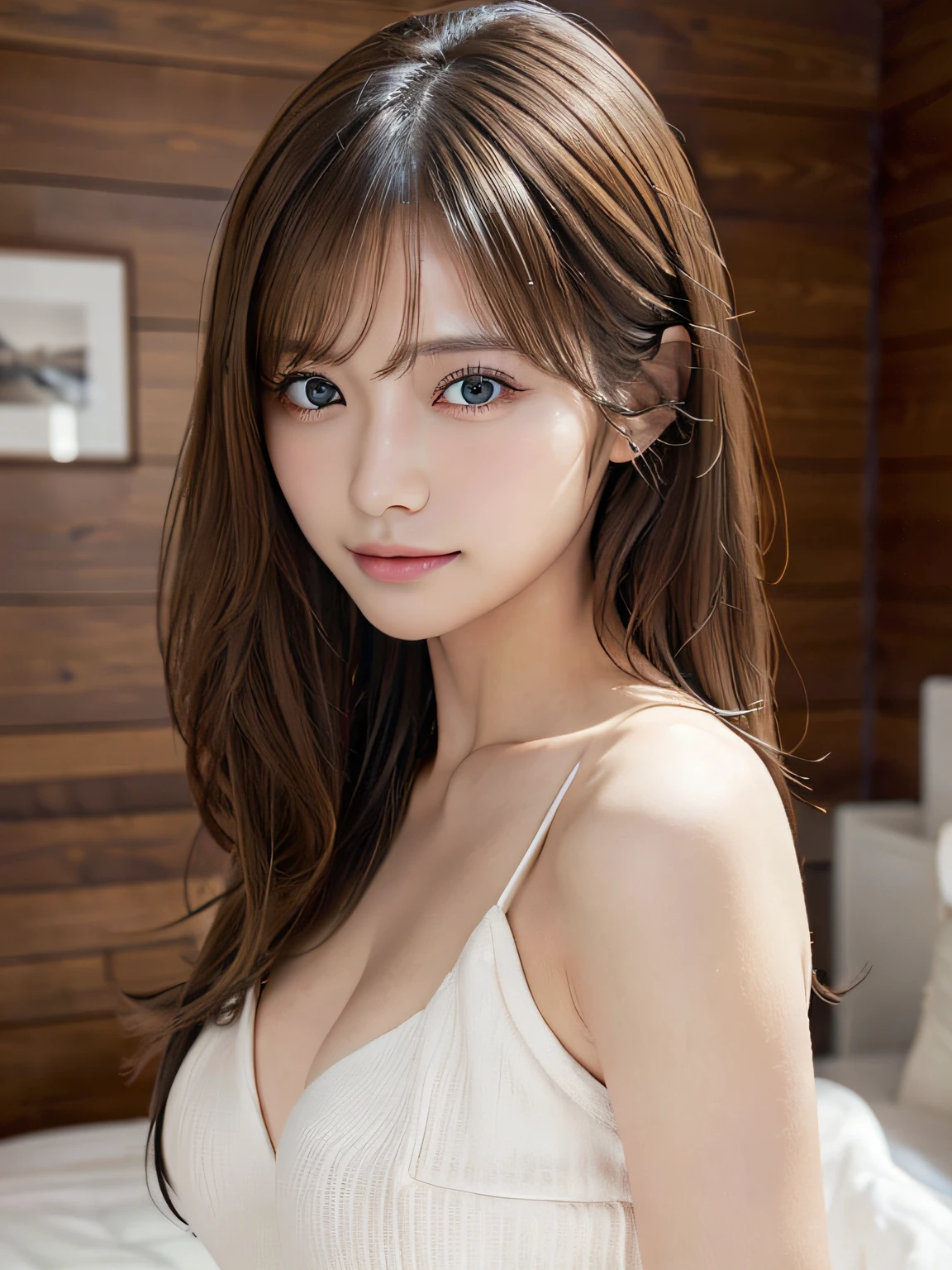 ​masterpiece、1 beautiful girl、detailed brown eyes、Puffy eyes、top-quality, 超A high resolution, (Realisticity: 1.4), cinematlic lighting、(japanes)、Asian Beauty、Super beauty、age19、Beautiful skin、A slender、Look at viewers、(A hyper-realistic)、(hight resolution)、(8K)、(ighly detailed)、(beautifully detailed eyes)、(ultra-detailliert)、 (wall-paper)、A detailed face、Bright lighting、profetional lighting、light brown hair、top-quality、​masterpiece、超A high resolution、natural soft light、Shoulder out、slender、a bed：1.5、naked towel、 towel