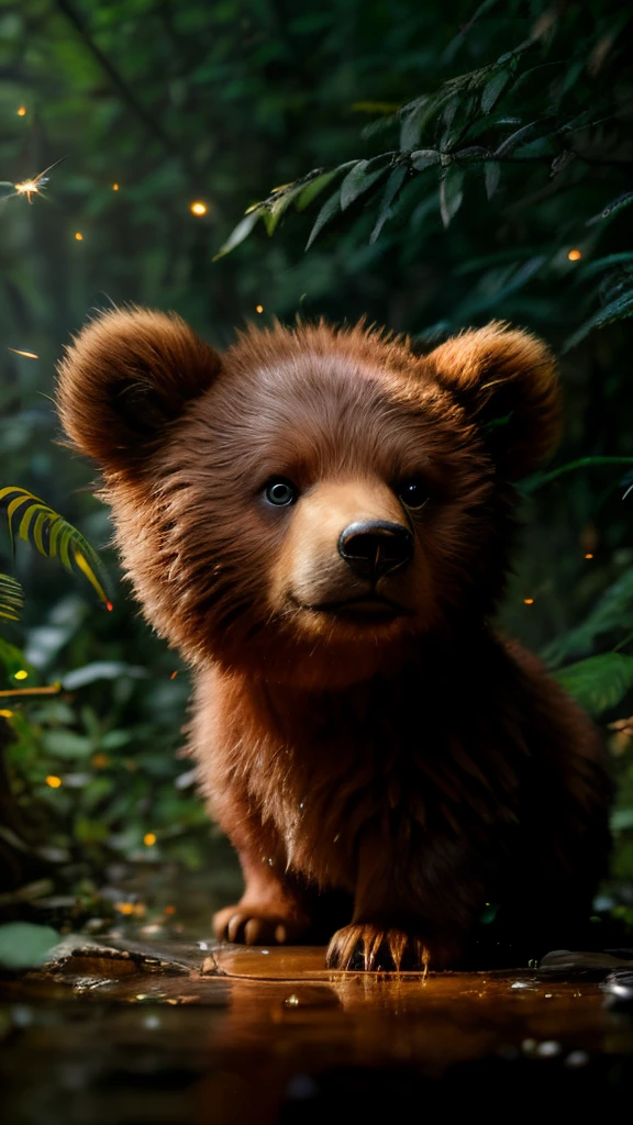 真实感, Realism, brown bear cub, tmasterpiece, Brad Jongsan walks in the jungle (Night of the Fireflies), (higly detailed: 1 1), rough face, natural skin, hiquality, NSFW, pretty eyes, (Detailed face and eyes), (s face: 1 2), tumult, Complementary, real-photo, ...PSD, Lightweight Film Photography, sharp-focus, contrast lighting, Detail Skin, high resolution 8k, Crazy detailing, Realistic, professional photo of a, 8K UHD, dslr, soft light, hiquality, film grains, Fujifilm XT3