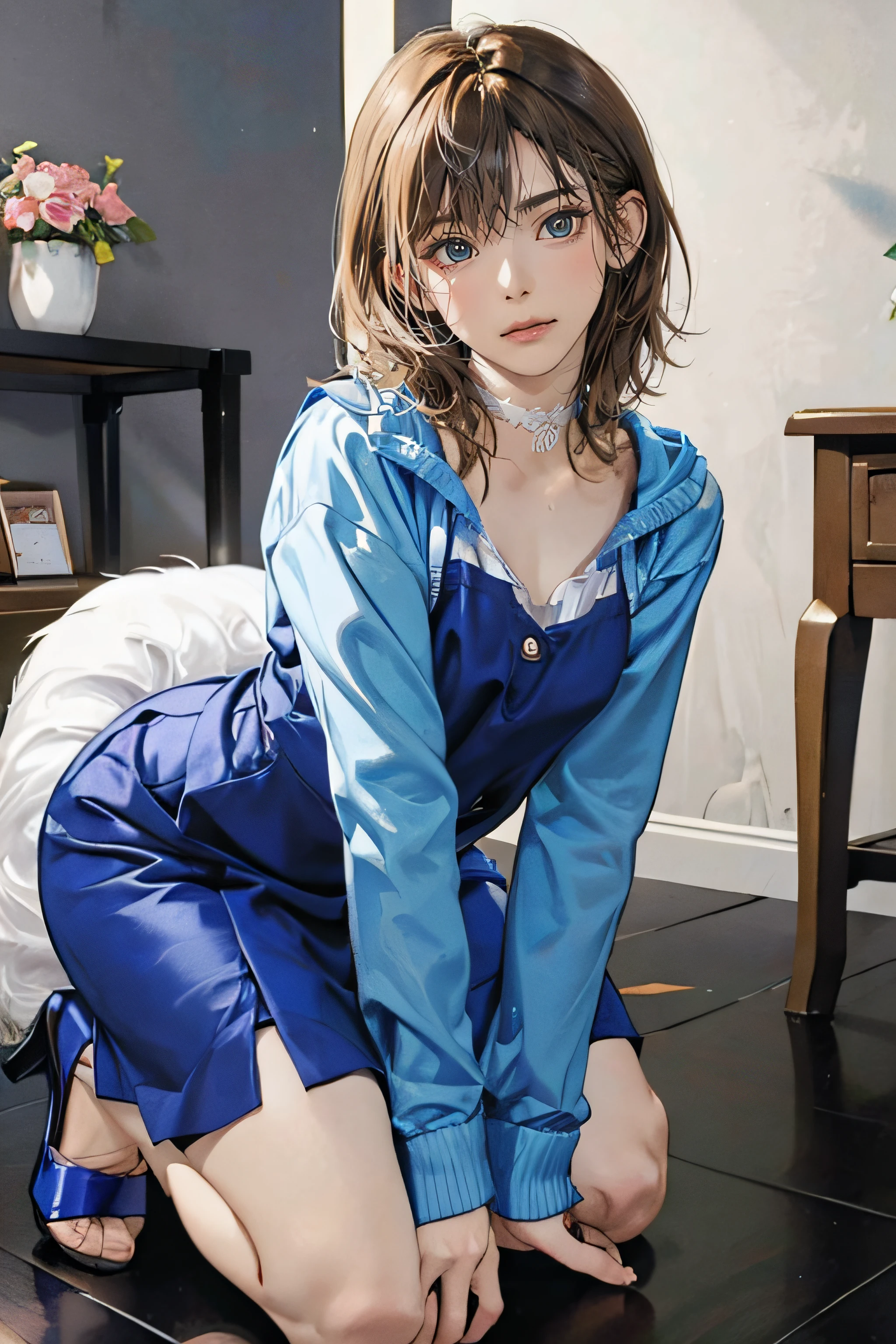 femboi, ((Masterpiece)), (Cute: 2.0), The face is extremely detailed, Enchanted expression, Strong gaze, Black Double French Braid, (Thin structure),Slightly round face, Tanned brown face, Healthy face, Big eyes, Thin thighs, (Small chest), confident pose, harsh, Almond-shaped eyes, rich palette,choker necklace,3D,open-toe high heels, goddess,open-toe high heels, goddess, Lean-yet-toned body/androgynous body aesthetic, spasm