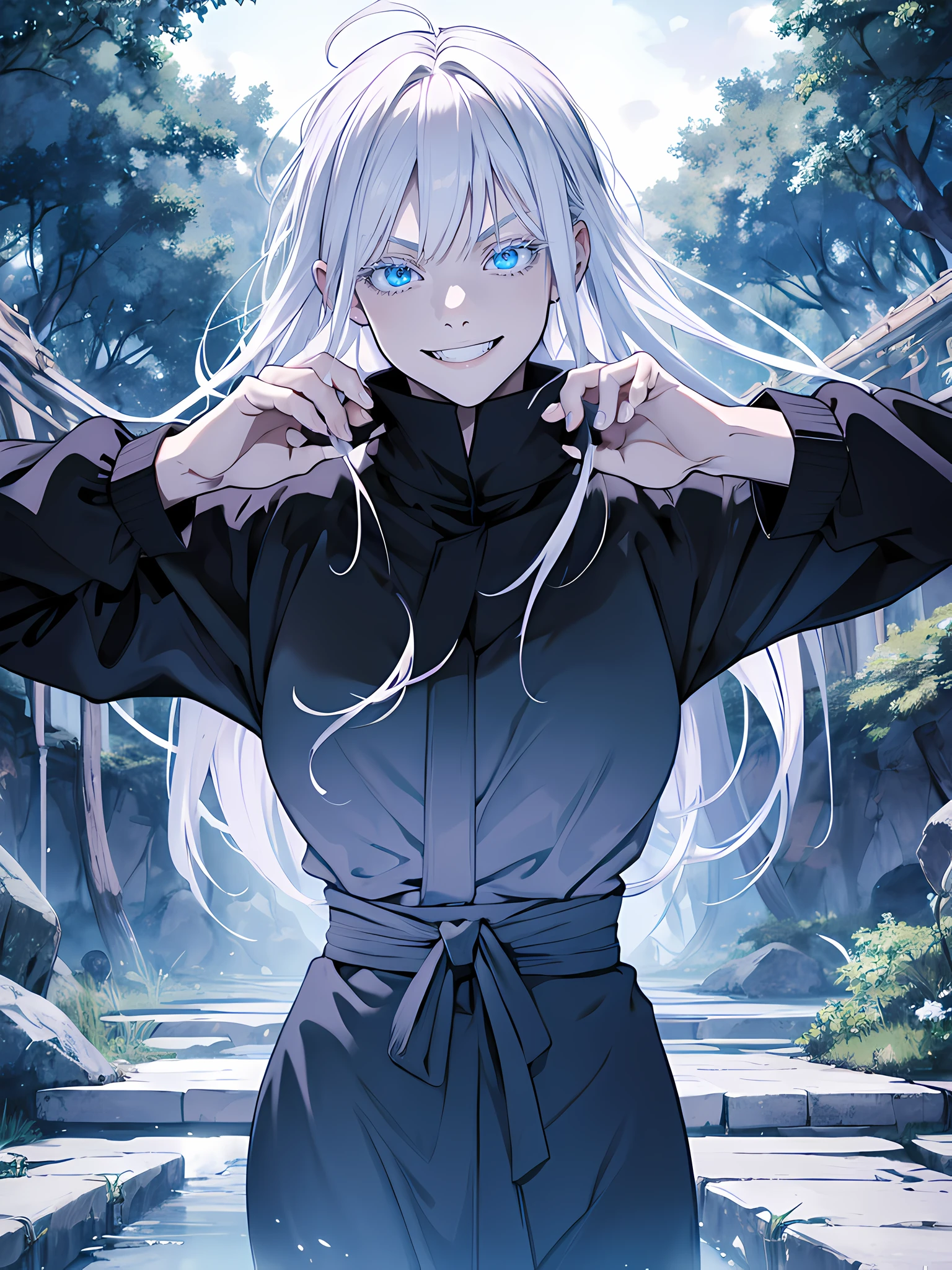 masterpiece, Woman, famale version, female, jujutsu kaisen, solo, alone, happy, smiling white hair, bangs, long hair, white eyebrows, white eyelashes, light blue eyes, glowing eyes, arms wide open, t pose, black clothing, black jacket, fullbody, park, naturepark, high quality, 4k resolution, anime