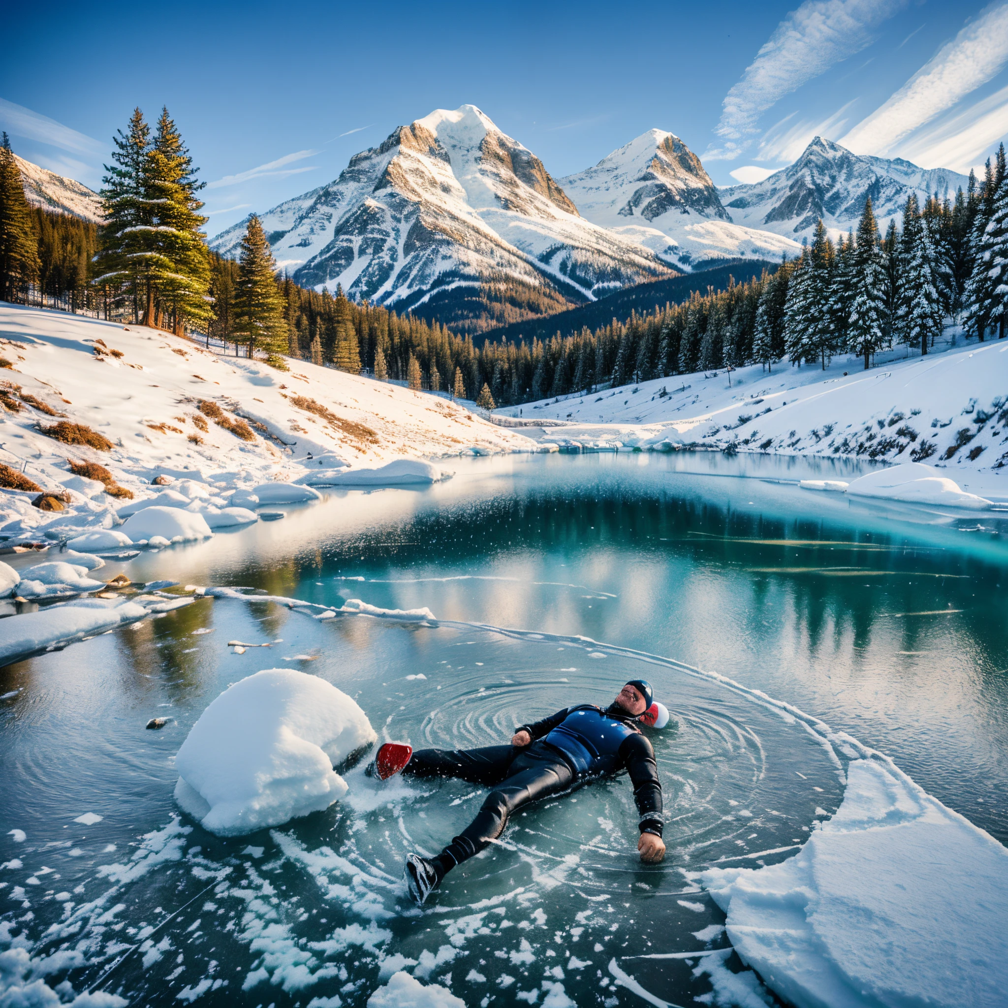 realistic photo of a man ice swimming in a mountain lake, with a view of snow-capped mountains behind him --auto --s2