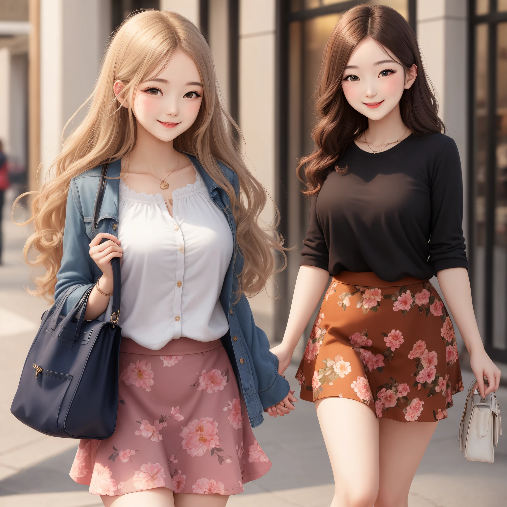 Gentle young woman&#39;s floral skirt has dimples
