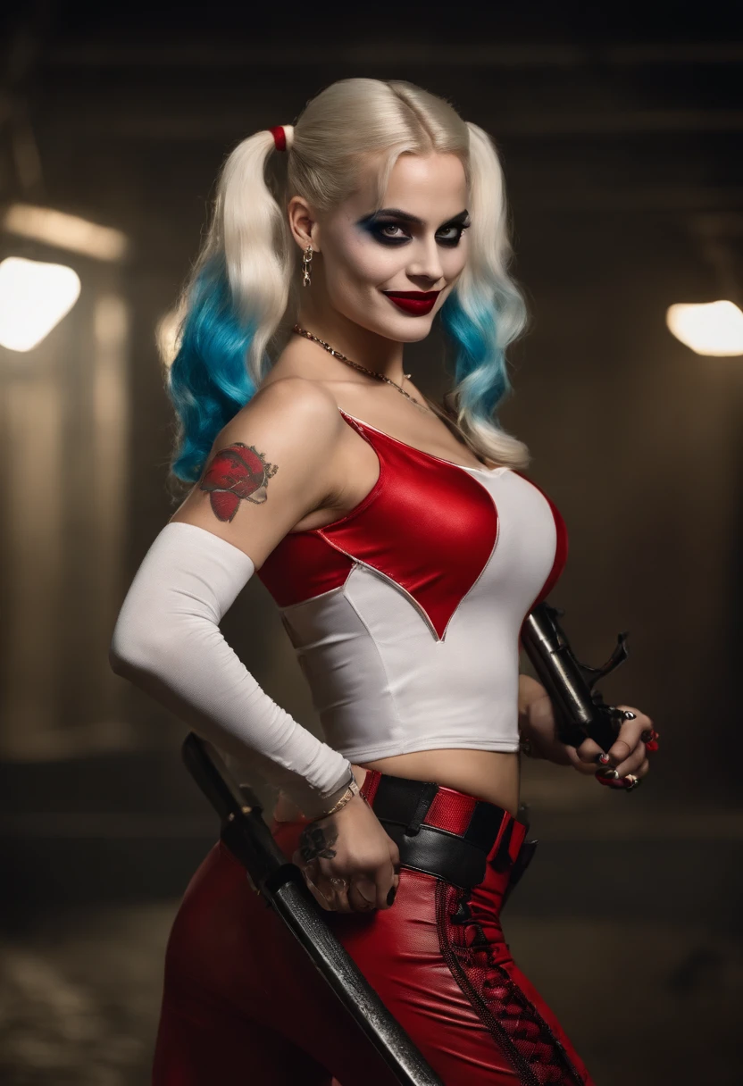 ((21 year old beautiful smiling Harley Quinn)) , full body, large exposed breasts, detailed eyes, photography, highly detailed, sharp focus, trending on artstation, studio photo, intricate details, highly detailed, by greg rutkowski, ((nsfw)), Beautiful ass focused