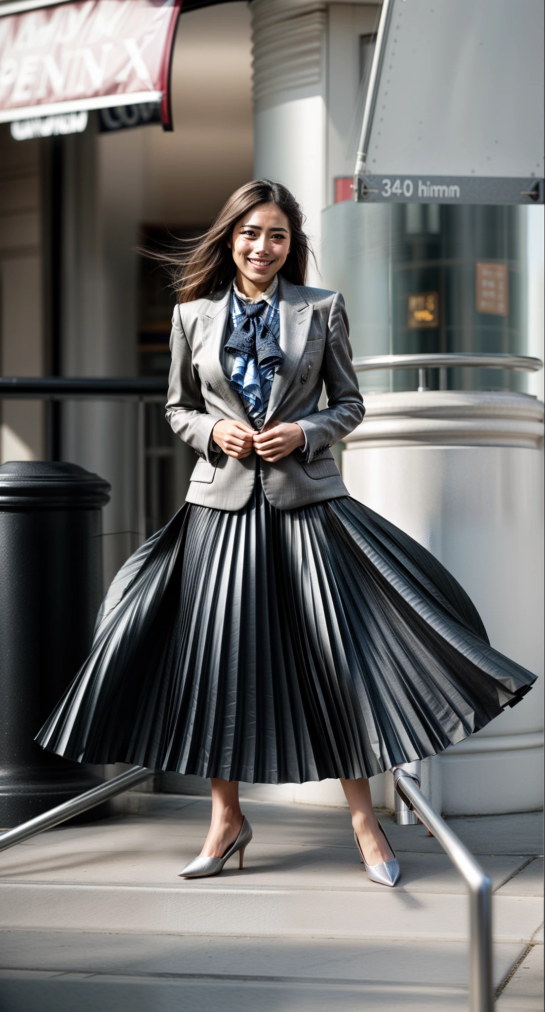 (shy:1,9) smiling woman wearing short blazer and very very detailed (long (fully pleated) full circle skirt) and (simple) low heeled office shoes, very very intricate hyper-detailed symmetric (attractive graceful young feminine face) with (sad, tired eyes and a shy smile), large breasts, full of empathy and compassion and love, (pronounced (feminine) features), (highly detailed ultra accurate realistic) hands and fingers, (windy conditions and wind blowing), epic composition, highly detailed attributes, highly detailed atmosphere, (35mm f1.4 Kodak portra 400 photograph), extremely high quality RAW photograph,