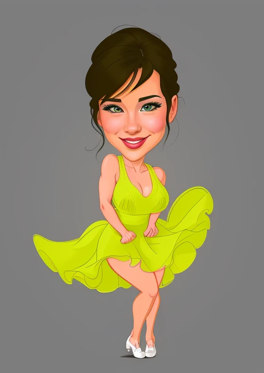 mulher de desenho animado com um vestido verde sentada em uma folha, in cartoon style, estilo caricatura, rotoscopia, usando um vestido verde neon, she is dancing. Realistic, charicatura, arte dos desenhos animados, senhora usando vestido amarelo, retrato dos desenhos animados, estilo vetorial cartunesco, Caricato e simplista, caricature illustration, rotoscopia, desenhado com photoshop