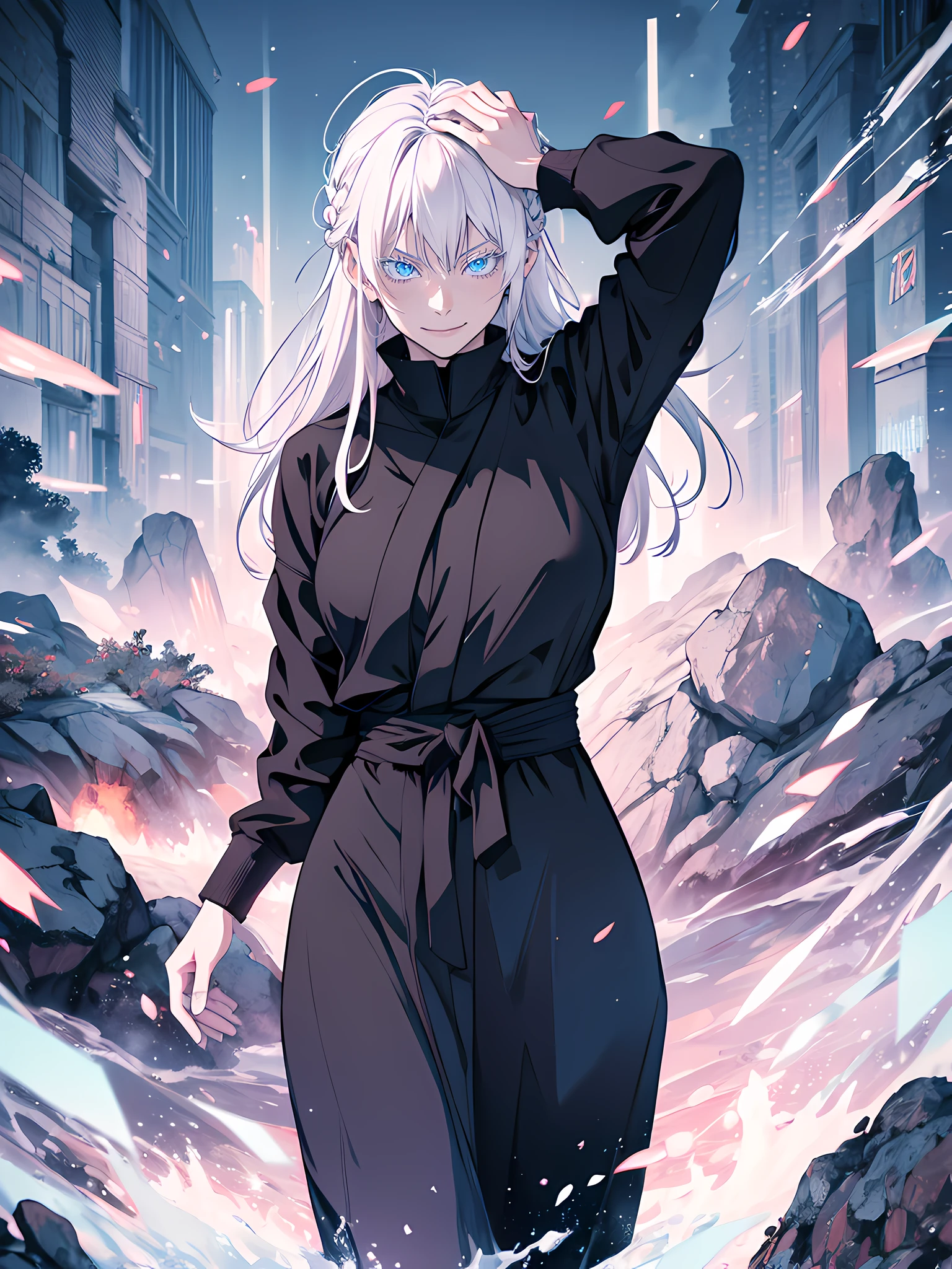 masterpiece, Woman, famale version, female, jujutsu kaisen, solo, alone, happy, smiling white hair, bangs, long hair, white eyebrows, white eyelashes, light blue eyes, glowing eyes, arms wide open, t pose, black clothing, black jacket, fullbody, park, naturepark, high quality, 4k resolution, anime