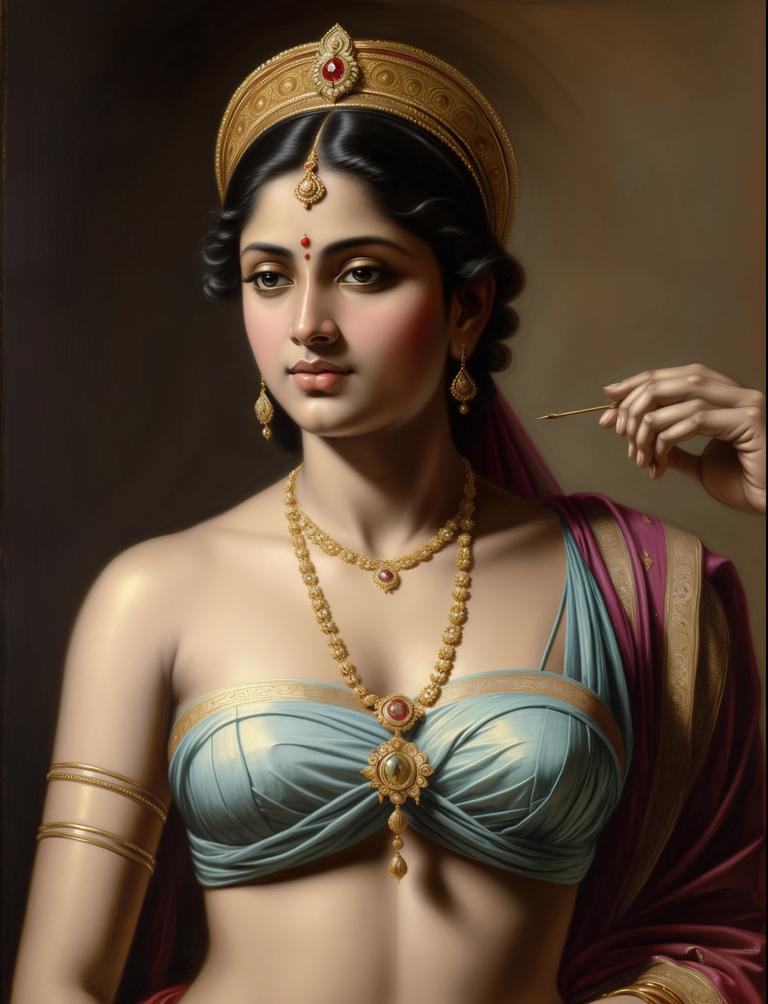 Beautiful Indian Woman, wearing saree, sari Beauty, gorgeous, Apsara, Maharani, royal queen woman, nymph from Hindu Mythology, Urvashi, matchless beauty, Highly detailed, Oil Painting by Peter Paul Rubens inspired by Raja Ravi Varma, Matchless beauty, captivating, gorgeous, heavenly beauty, celestial beauty, Jolyne as "The Butterfly" by Peter Paul Rubens, 1893, realistic, hyper realistic, micro details, incredible artwork, insane details, ultra High resolution, 8k, 32k,  acrylic on canvas, intricate, flawless, detailed, detailed face, detailed eyes, masterpiece, by Peter Paul Rubens, by Caravaggio, by William Adolphe bouguereau, perfect face, perfect body, beautiful art, realism, baroque, renaissance Art, highly textured, beautiful and High clarity eyes, uhd, best quality,