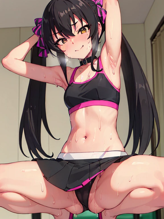 masterpiece, best quality, highres, Matoba Risa, 1girl, solo, busty, small breasts, black hair, twintail, sport bra, short skirt, garter on thigh, looking at viewer, full body, standing, simple background, (erotic pose:1.4), blush, smile, grinning, (Crotch panties exposed:1.3), ((Sweating in heat, arms behind head, double armpits, crouching down, half-squat, Open the crotch before:1.3)), In the middle, symmetrical, netorare face