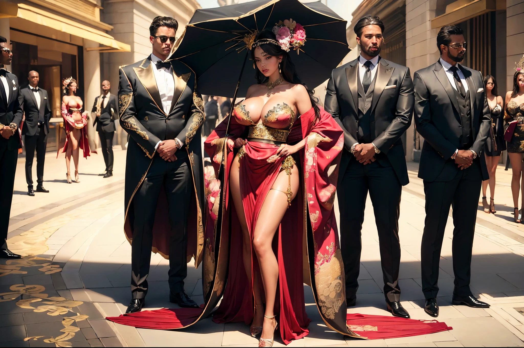 (beautifull lady with very large breast, wear detail luxury dress), (stand near limousine), guarded by her male bodyguards, wearing formal suit and traditonal headband, (holding luxury bag), (detail sexy kimono) ,(strapless bra) (show cleaveage), (show underboobs) , (show sideboobs), (show thigh), (detailed underboobs ornament), (detail luxury hand watch), (detail hips ornament), expensive detailed necklace, flower vase, (very large breast:1,9), luxury wall ornament background, (detail outside of luxury restaurant background), detail luxury restaurant exterior, detail streetwalk, detail blue sky, detail clouds, detail luxury garden lamp, beautifull face, pretty face, beautifull eyes, beautifull nose, sexy lips, polished nails, raytracing, nsfw, beautifull fingers, beautifull hands, sexy belly, sexy body, sexy shoulders, sexy legs, sexy hips, (luxury bracelet), (luxury ring), (luxury necklace), black nails , blue eye, (4 fingers in 1 hand), white skin, full body picture, pretty makeup, blush, full body shoot, blurry people background,(masterpiece, best quality:1.2),(8k,highres,RAW photo,realistic,photo-realistic:1.3),(detailed skin texture,detailed cloth texture,beautiful detailed face:1.25),professional lighting,photon mapping,beautiful soft light,radiosity,physically-based rendering,model shoot style, model shoot style, (extremely detailed CG unity 8k wallpaper), full shot body photo of the most beautiful artwork in the world, complex 3d render ultra detailed, looking at viewer, 18 yo, wet hair, real human skin, vibrant details, hyperrealistic, beautiful, octane render, 8k, best quality, masterpiece, an extremely delicate and beautiful, extremely detailed ,CG ,unity ,wallpaper, (realistic, photo-realistic:1.37),Amazing, finely detail, masterpiece,best quality,official art, extremely detailed CG unity 8k wallpaper ,extreme detailed eyes, (perfect face), shiny skin, colorful, highest detailed, vibrant colors, ultra high res, (high contrast), intric