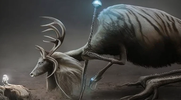 there is a deer that is standing next to a deer, fantasy creature concept art, ancient antler deity, mythical creature, wendigo, realistic creature concept, hyper realistic fantasy monster, fantasy creature, mythical creatures, an ancient creature, ancient creature, cernunnos, hybrid creature, humanoid creature, the wendigo, a mythical creature, creature design, creature concept art