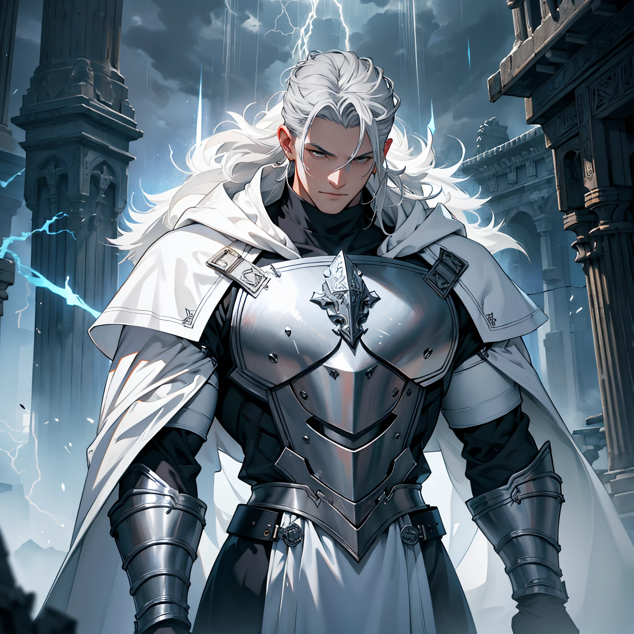 masterpiece, 4k, knight in white metal armor, Neat, upturned gray hair, White Cloak, imperial royal family, salama, thunderstorm, thunderbolts, Background with: Temple of Zeus struck by lightning