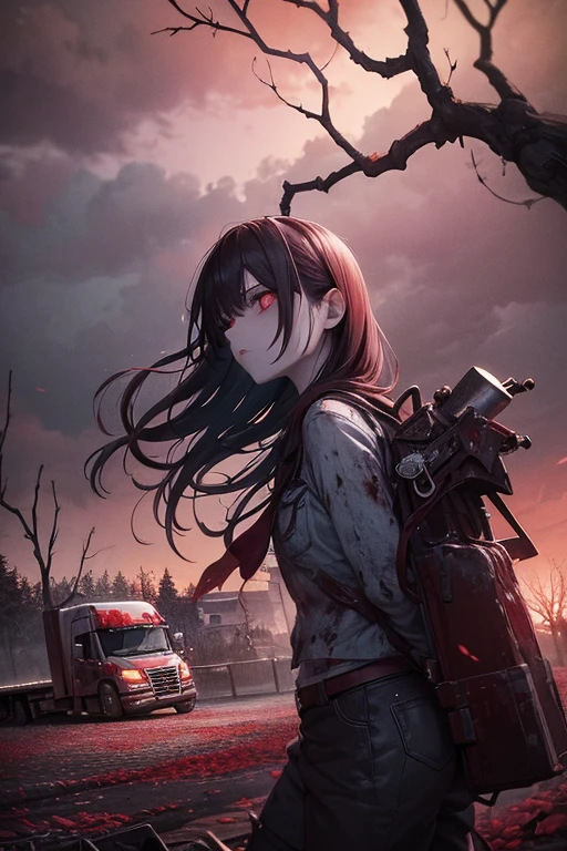 (best quality, ultra-detailed, masterpiece:1.2), sakura zombie, 1girl, zombie, blue skin, cowboy shot, outdoors, (truck:1.3), night, oil painting, haunting atmosphere, vibrant colors, cherry blossom petals falling, eerie moonlight, mysterious shadows, distressed clothing, intense expression, blood splatters, dynamic pose, cracked earth, scattered debris, hauntingly beautiful eyes, decaying appearance, rusted truck, ominous clouds, surreal landscape, twisted branches, chilling wind, glowing red eyes, grim and desolate scene, chilling horror, dramatic lighting, foreboding presence, surrealistic aura, supernatural energy, gripping suspense, ethereal beauty, macabre atmosphere, blood-stained cherry blossoms.