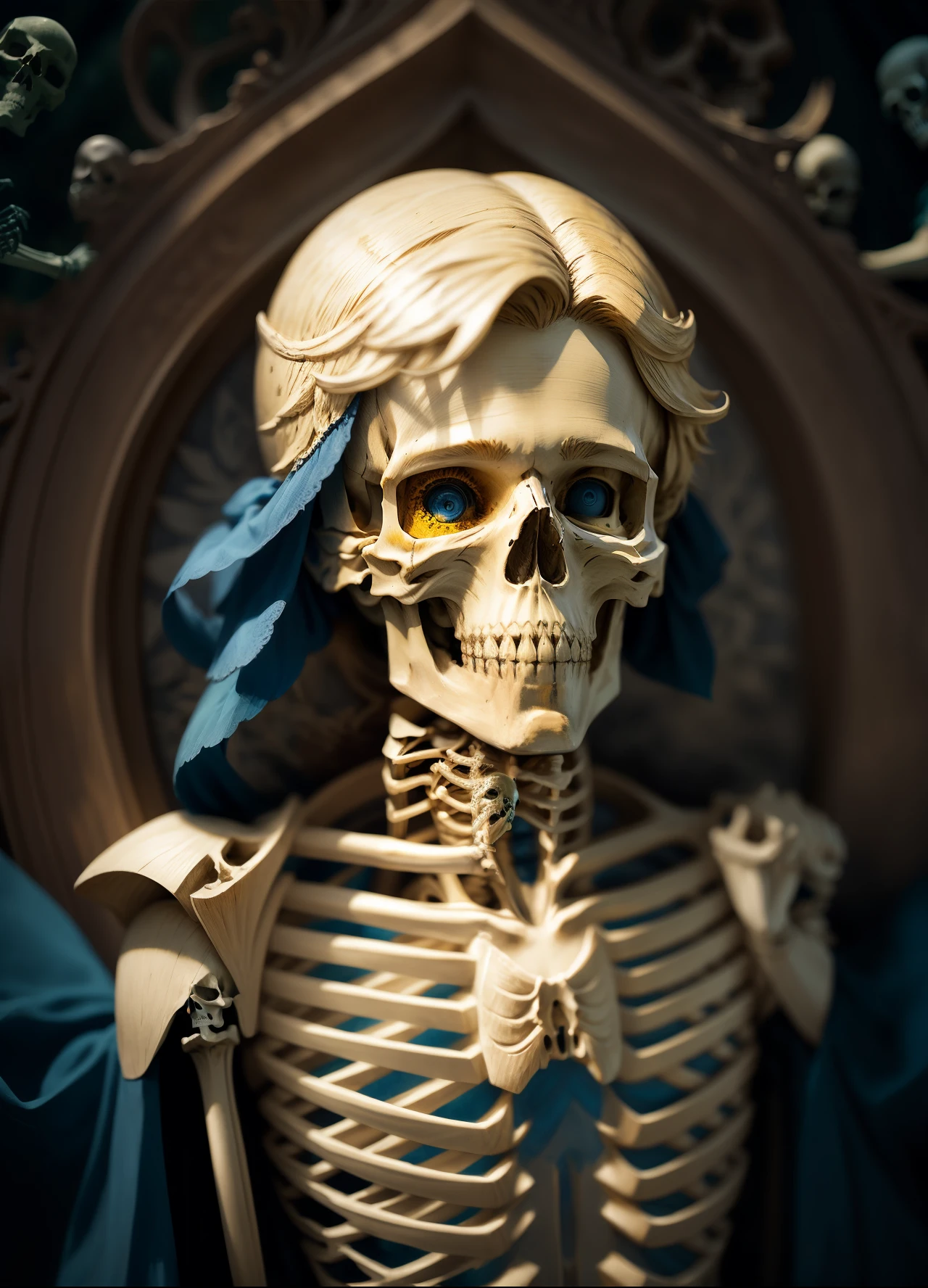 deeply carved、angelicales、Beautiful Boys、a blond、blue eyes、Oblique、holding a skeleton