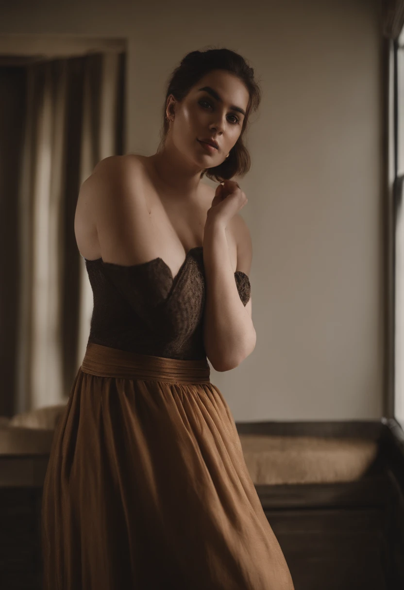 Photo posted on Reddit of overweight girl with brown hair and brown eyes, very large breasts, looking like dua lipa but less attractive, wears a top. Full body, posing for the camera, sexy, self taken, from her student house, (artificial light:1.2), poor person house. Homemade, cheap, ultra realism.