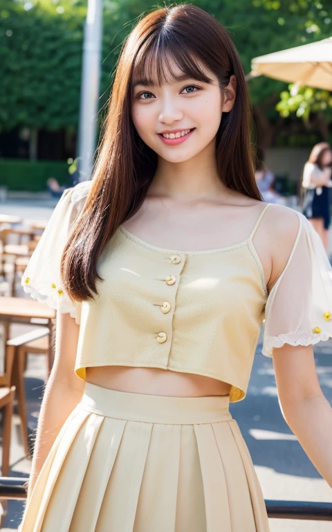 1womanl,  20yr old、Colossal tits　((Beautiful shiny straight semi-long:1.2)),Beautiful fingers,Beautiful long legs,Beauty Body，Cute nose，Beautiful bare skin、perfect  eyes，Perfect and realistic face，ighly detailed ，（tmasterpiece:1.0),(best_quality:1.0), 超A high resolution,4K,ultra - detailed, photography of, 4K, nffsw, hight resolution, the background is blurred, (Beautiful_Face:1.5)、(The background is a café restaurant at night:1.3),(White Brown Sheer Flared Long Skirt:1.3),(Colossal tits) Backgrounds with depth　Three-dimensional feeling　((White Beige Nit Ultra Fine Yarn Camisole、Very fine buttons:1.4)) (Beautiful large breast、Eyes are blue、Hair is pink、Beautiful like a model in a cute yellow miniskirt、kawaii、A refreshing smile、university campus、Outside on a sunny day