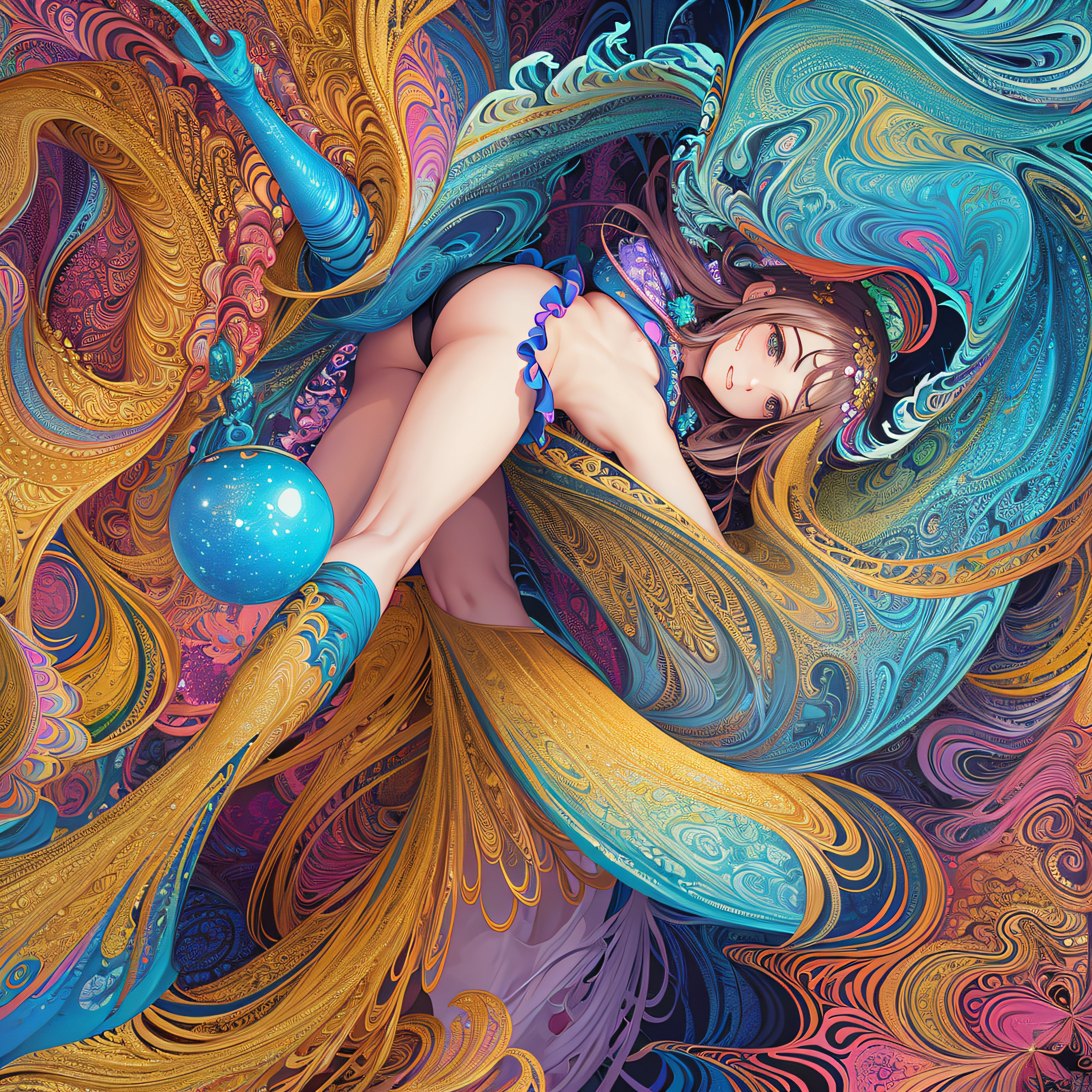 (masutepiece, of the highest quality, Best Quality, Official art, Beautiful and aesthetic:1.2), (1girl in:1.3), Extremely detailed,(Fractal Art:1.2),Colorful,highest details,(Zentangle:1.2), (Dynamic Pose), (Abstract background:1.5), (Congressional Dresses:1.2), (Shiny skin), (Many colors:1.4), Upper body, Thin gauze, Off-the-shoulder, blooming flower field, Glowing skin, lightsmile, Camel toe, Sexy, Bust, nakeness,From below,Ass Up wAIT