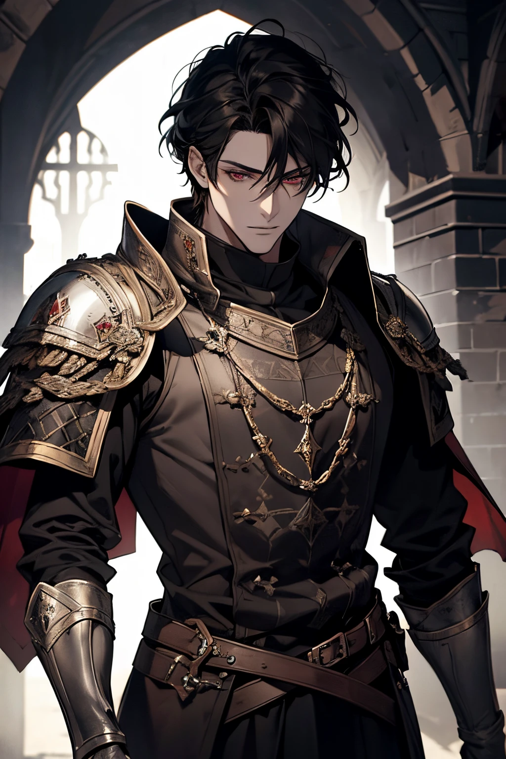 1 male, adult, mature face, beautiful, short tousled black hair, dark red eyes, clear and detailed eyes,  nobility, black clothing, calm, handsome, condescending, medieval fantasy, medieval castle background, dark fantasy, (soft coloring, dynamic shading)