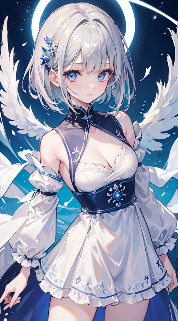 (8k、Top image quality、top-quality、​masterpiece)、A detailed face、1 girl in、Gray-haired shorthair、blunt bangs、light blue  eyes、A slight smil、Halo、robe blanche、cleavage、a miniskirt、one white winged、cowboy  shot、POV、Moonlit Night Background