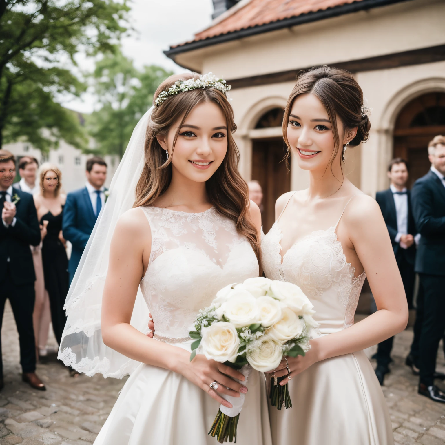 ((top-quality、masutepiece、8K、Top image quality、SFW))、(Bright and vivid:1.3)、(1 photo:1.3)、((beauty of denmark、most luxurious wedding dresses、Wedding bouquet、wedding lace、perfect wedding lace、perfect bride、danish bride、danish face、danish hair color、danish skin color))、(Denmark world tourist destination on background、Danish world heritage site:1.3)、cowboy shot、the best smile when you look at me、perfect anatomia、Perfect fingers、perfect hand