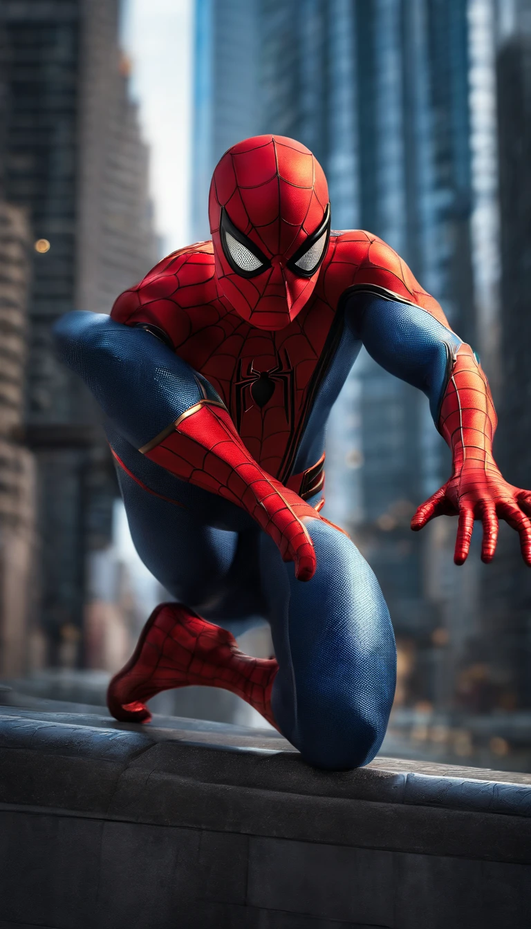 (best quality,4k,highres,ultra-detailed:1.2),superhero,Spider-Man,full-body shot,extremely detailed suit,exquisite mask,shiny reflective textures,elaborate web-patterns,sparkling eyes,superbly crafted spider-emblem,muscular physique,fluid dynamic movements,flying pose,city skyline background,vibrant colors,comic book style, dramatic lighting,gritty and atmospheric ambiance.
