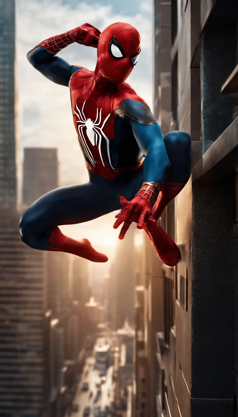 (best quality,4k,highres,ultra-detailed:1.2),superhero,Spider-Man,full-body shot,extremely detailed suit,exquisite mask,shiny reflective textures,elaborate web-patterns,sparkling eyes,superbly crafted spider-emblem,muscular physique,fluid dynamic movements,flying pose,city skyline background,vibrant colors,comic book style, dramatic lighting,gritty and atmospheric ambiance.