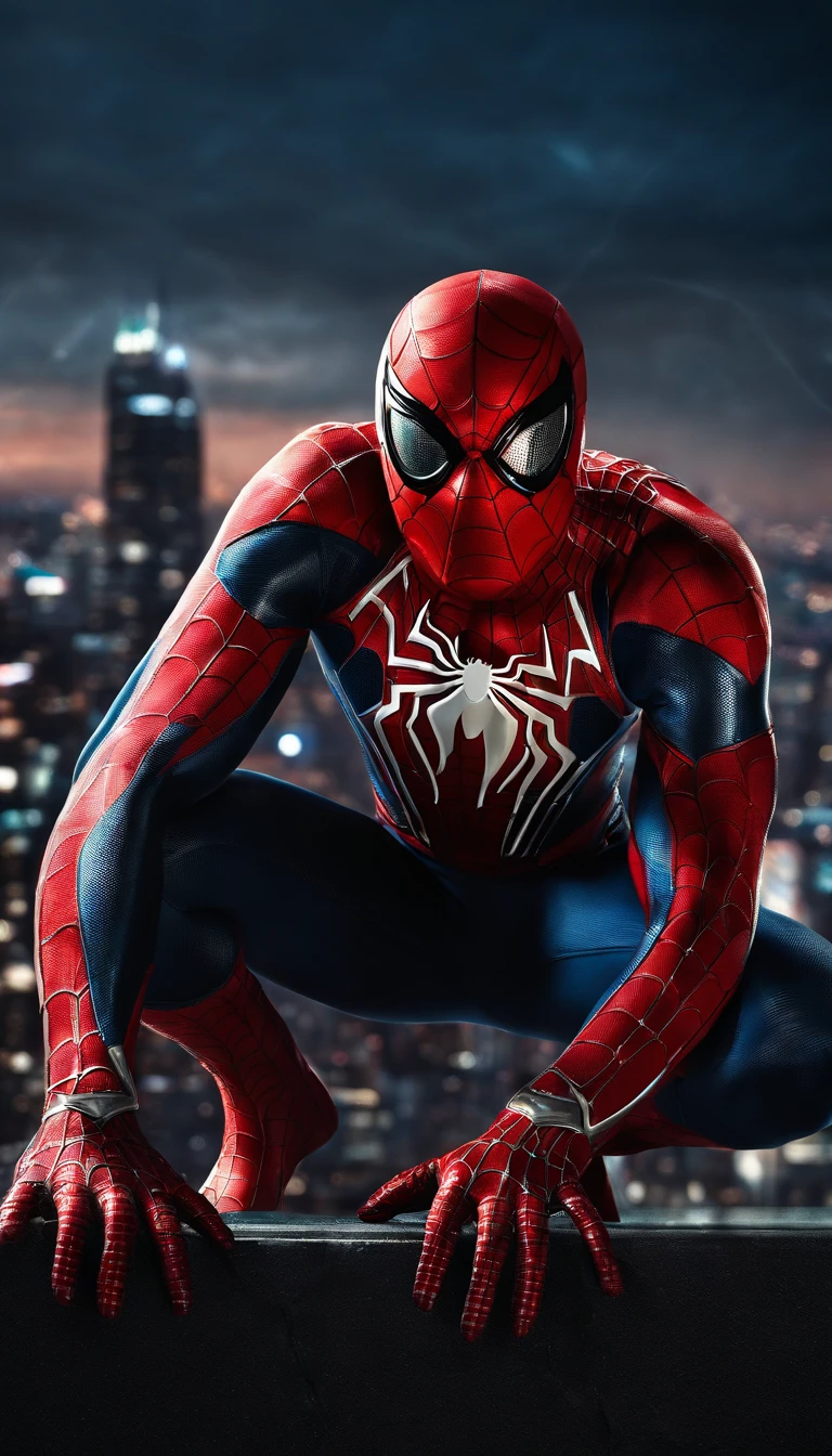 (best quality,4k,highres,ultra-detailed:1.2),superhero,Spider-Man,full-body shot,extremely detailed suit,exquisite mask,shiny reflective textures,elaborate web-patterns,sparkling eyes,superbly crafted spider-emblem,muscular physique,fluid dynamic movements,flying pose,city skyline background,vibrant colors,comic book style, dramatic lighting,gritty and atmospheric ambiance.