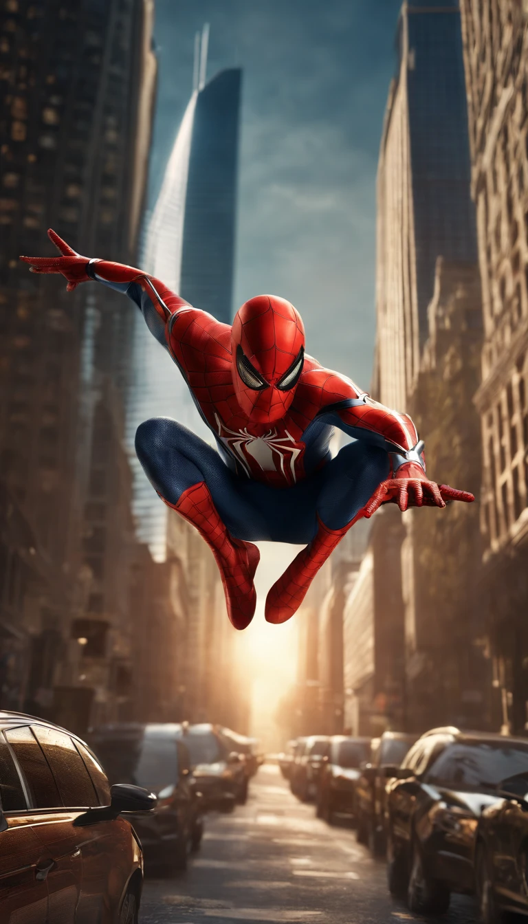 (best quality,4k,highres,ultra-detailed:1.2),superhero,Spider-Man,full-body shot,extremely detailed suit,exquisite mask,shiny reflective textures,elaborate web-patterns,sparkling eyes,superbly crafted spider-emblem,muscular physique,fluid dynamic movements,flying pose,city skyline background,vibrant colors,comic book style, dramatic lighting,gritty and atmospheric ambiance.